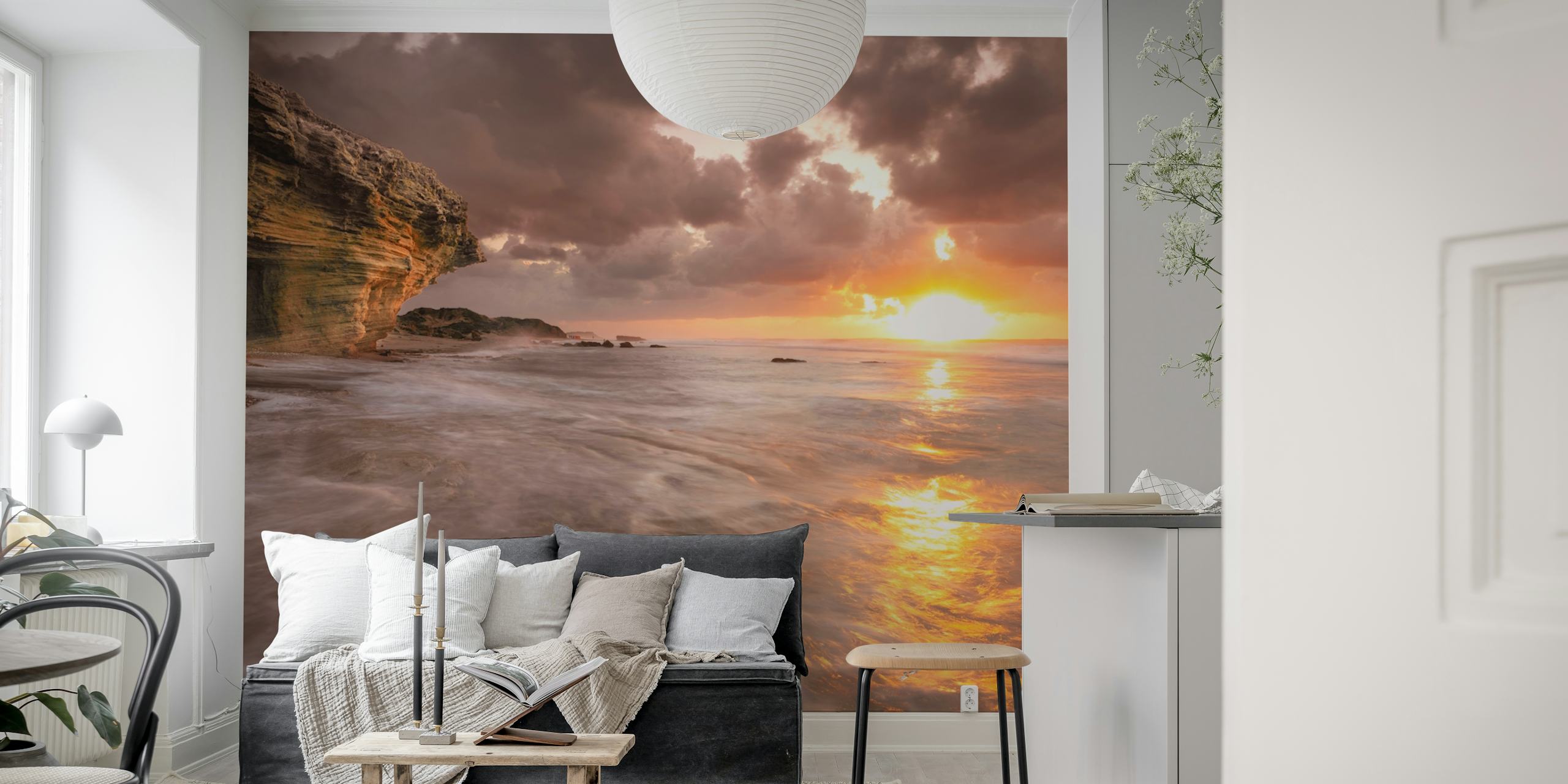 Beach sunset with golden colors and waves wallpaper