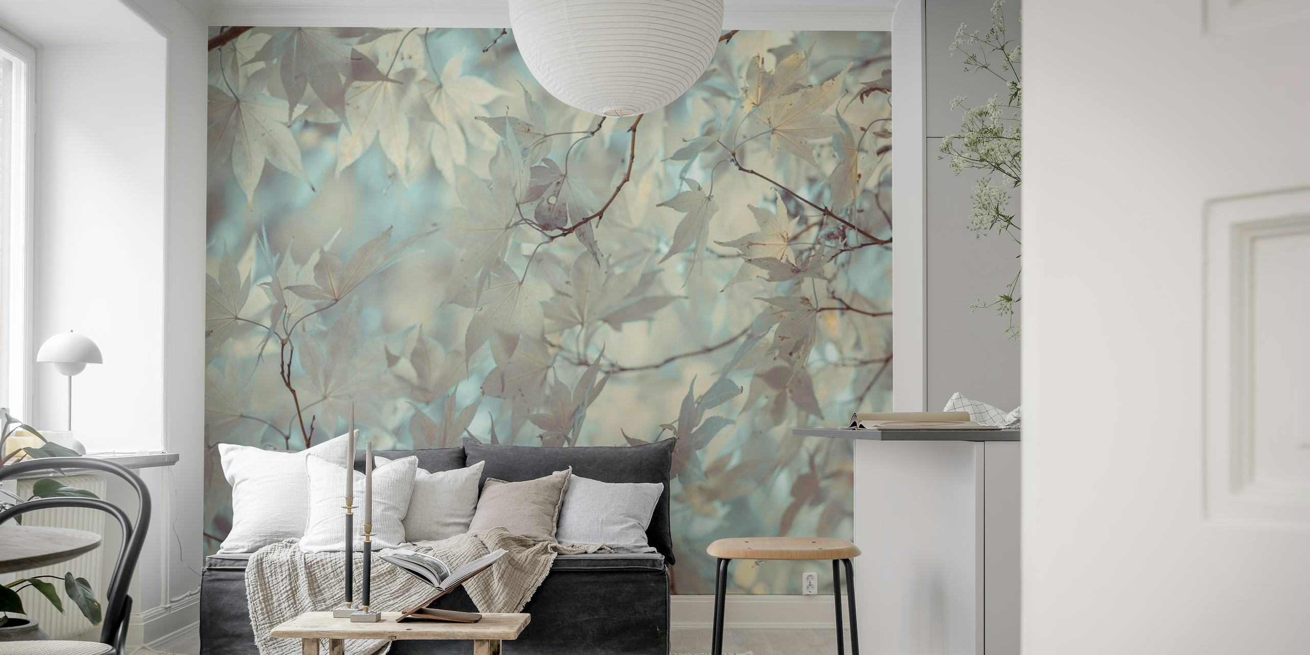 Wall mural featuring a warm autumnal theme with golden leaves and intricate branches