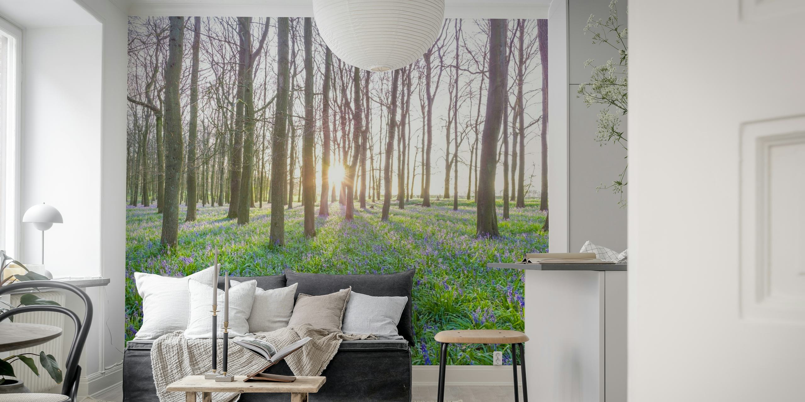 A serene forest with sunlight streaming through trees and bluebells on the ground, wall mural.