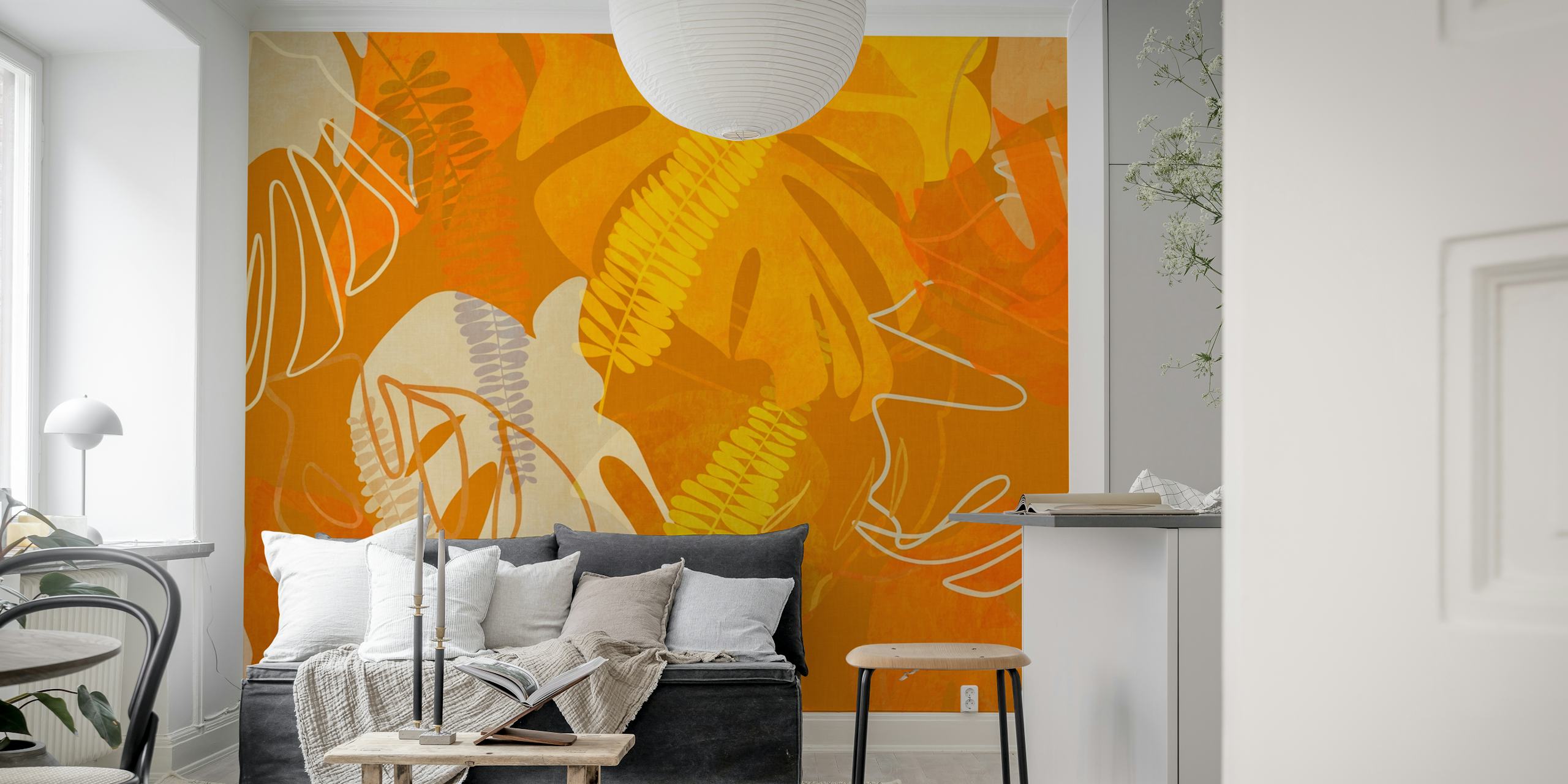 A wall mural with a leaves pattern in curry orange tones