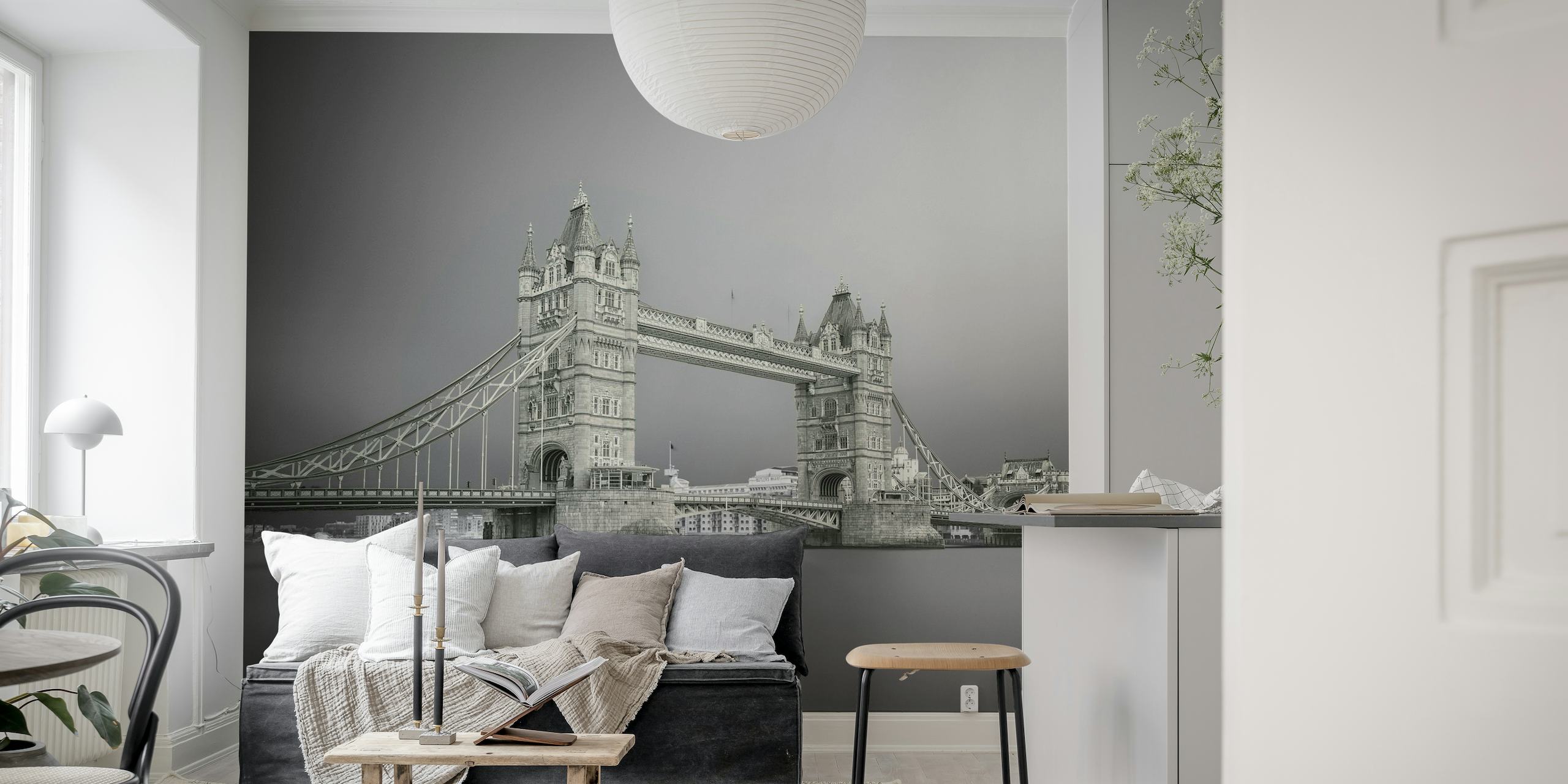 Tower Bridge vægmaleri i sort og hvid