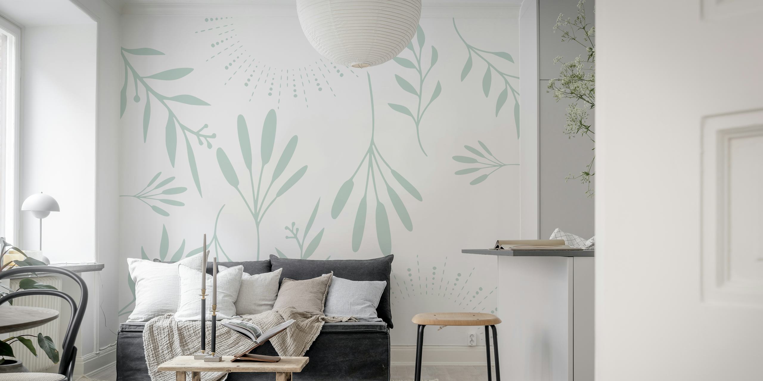 Botanical leaf patterns in muted green on white wallpaper