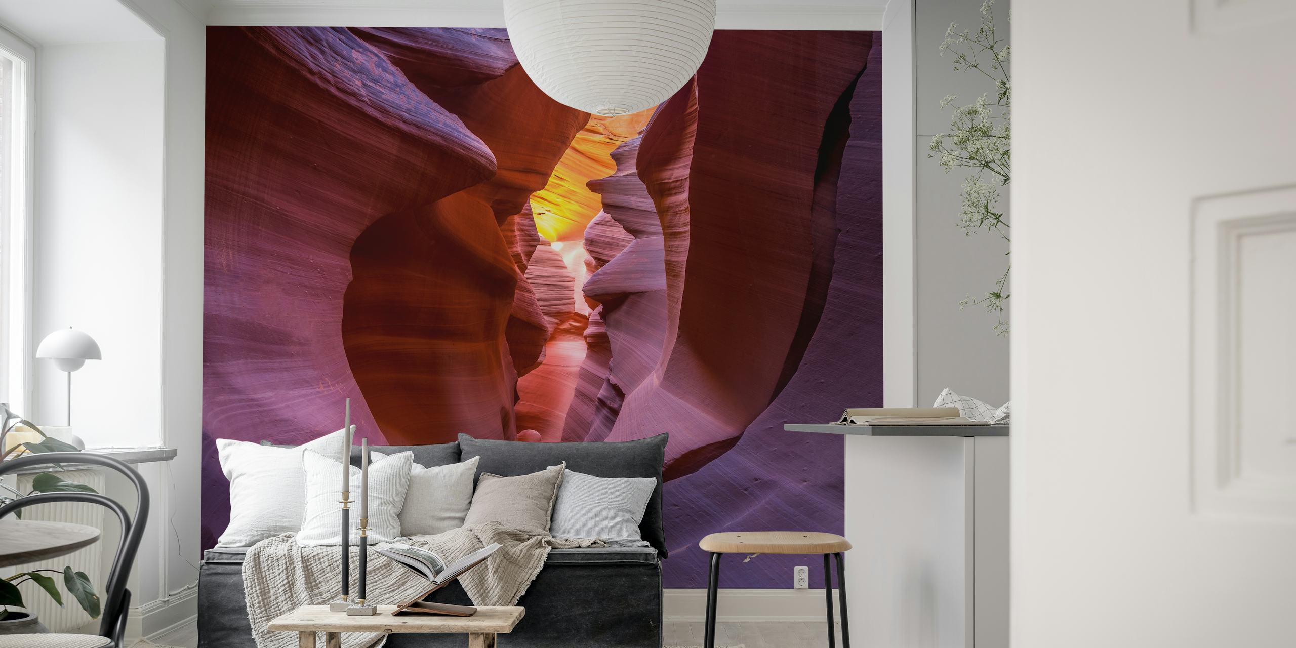 Canyon wall mural with sunlight creating a fire-like glow on rock formations