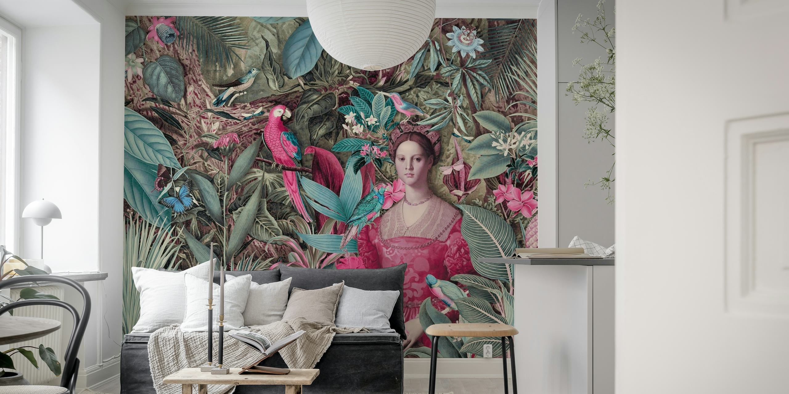 Baroque Lady With Parrots In The Jungle papel de parede