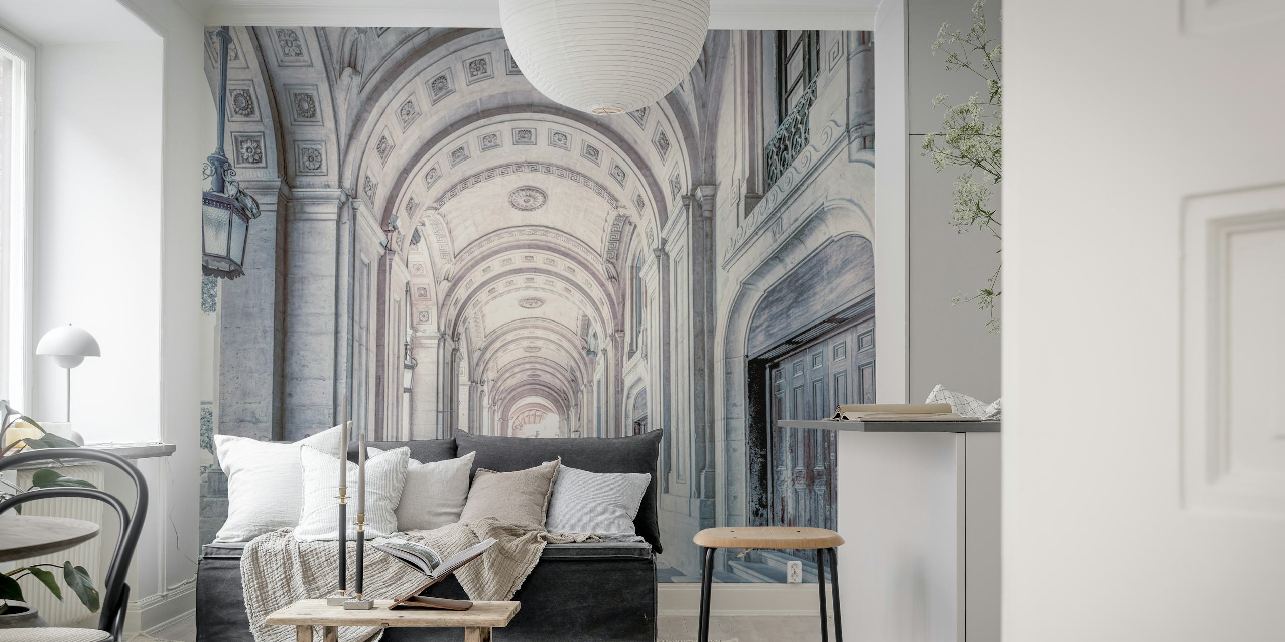 Soft gray architectural wallpaper featuring arched doorways and intricate details