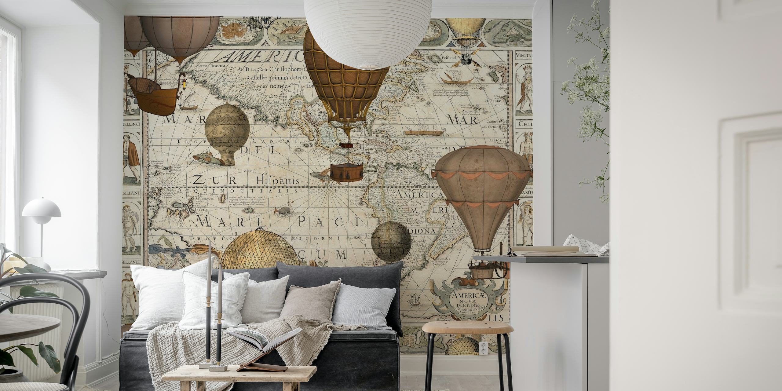 The Americas Antique World Map Steampunk Hot Air Balloon Vintage Travel tapete