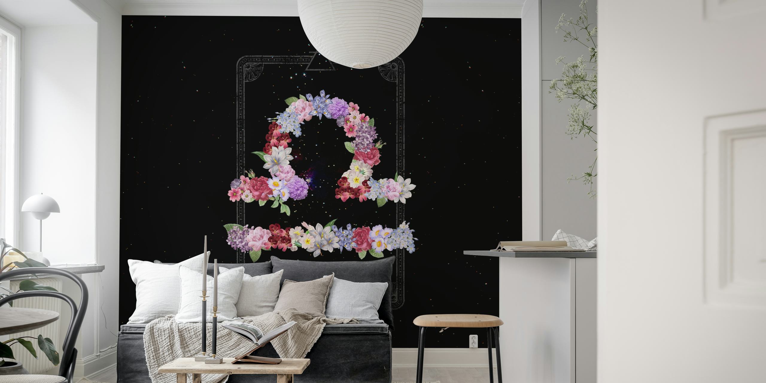 Floral Libra zodiac sign design with vibrant flowers on a black background wallpaper
