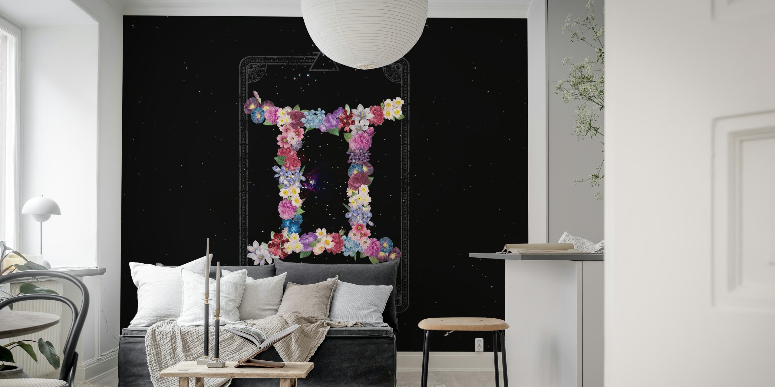 Floral zodiac sign Gemini design with bright flowers on black background wallpaper