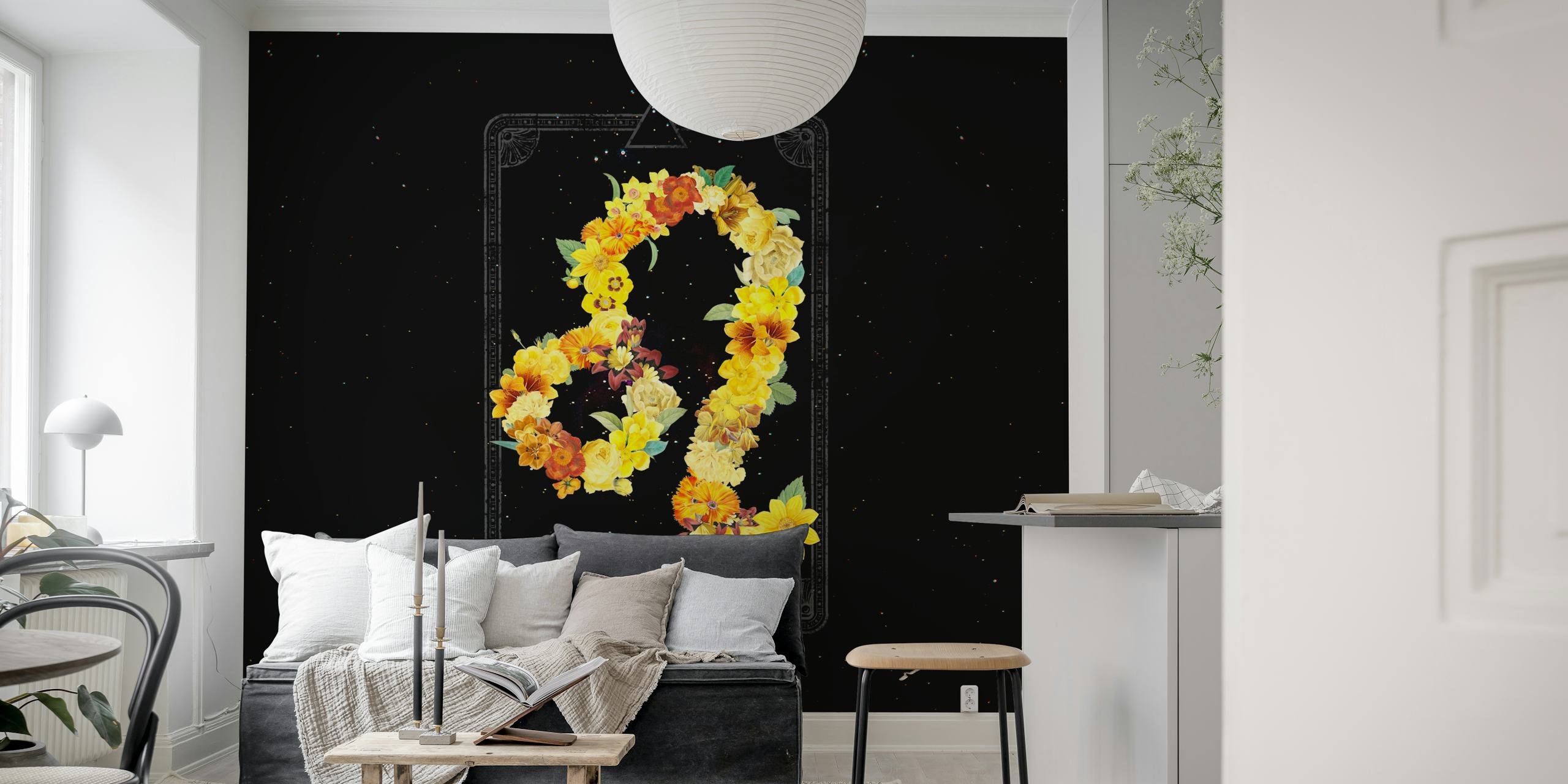 Leo zodiac sign floral arrangement wall mural on a dark background