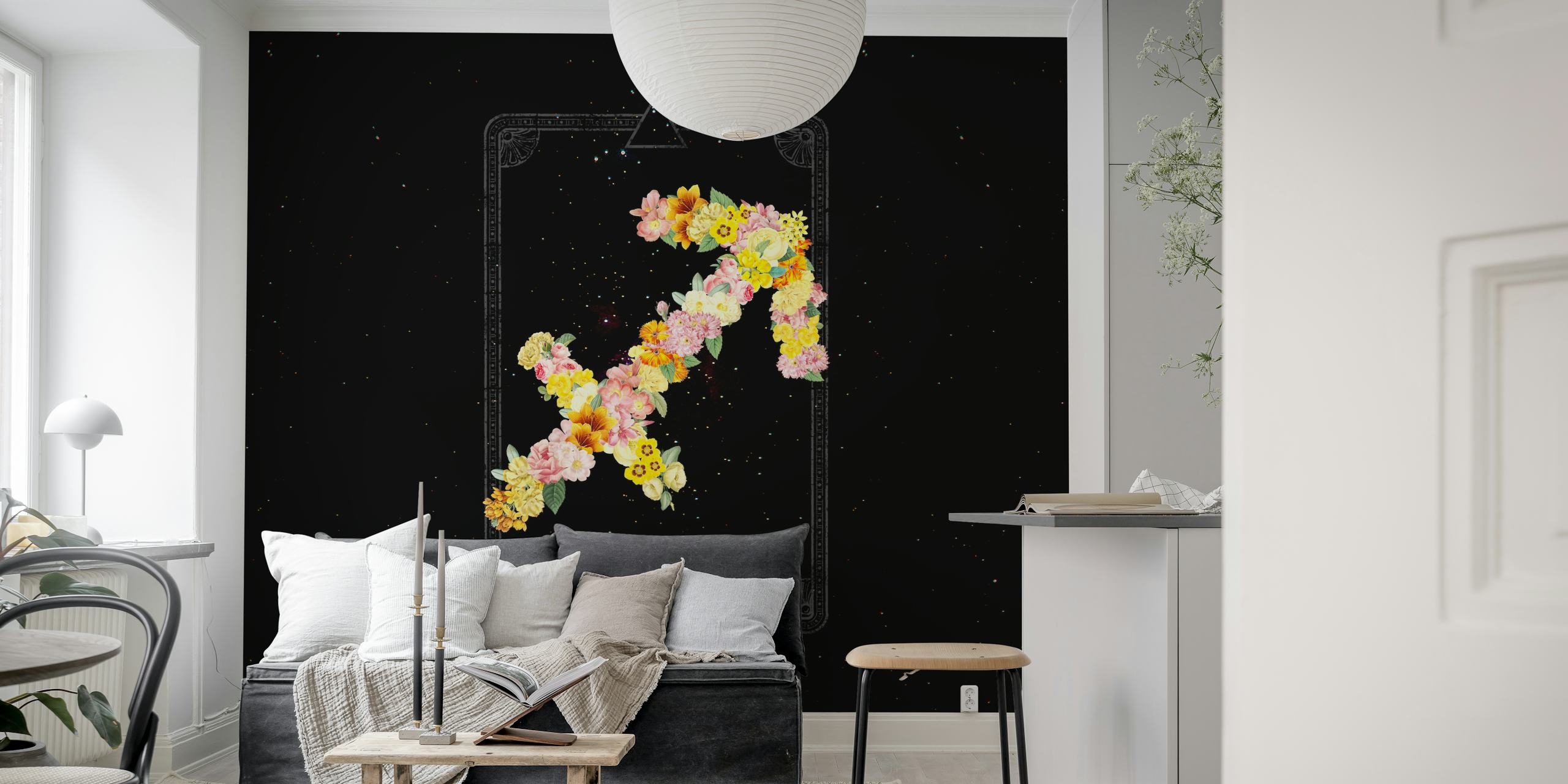 Floral Zodiac Sign: Sagittarius-τοιχογραφία με αστερισμούς και λουλούδια σε αστερισμένο φόντο