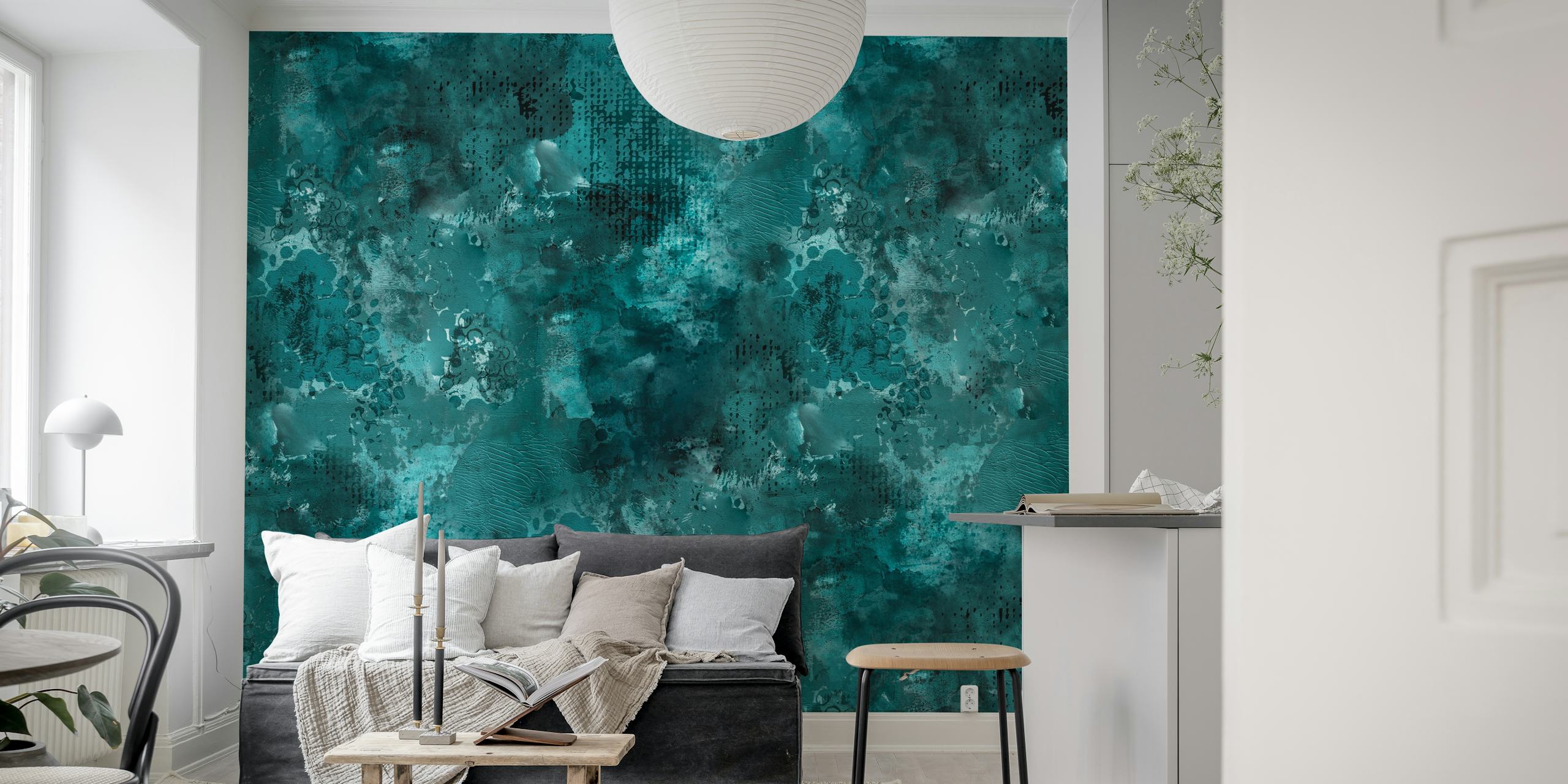 Teal green abstract paint texture wallpaper in a room