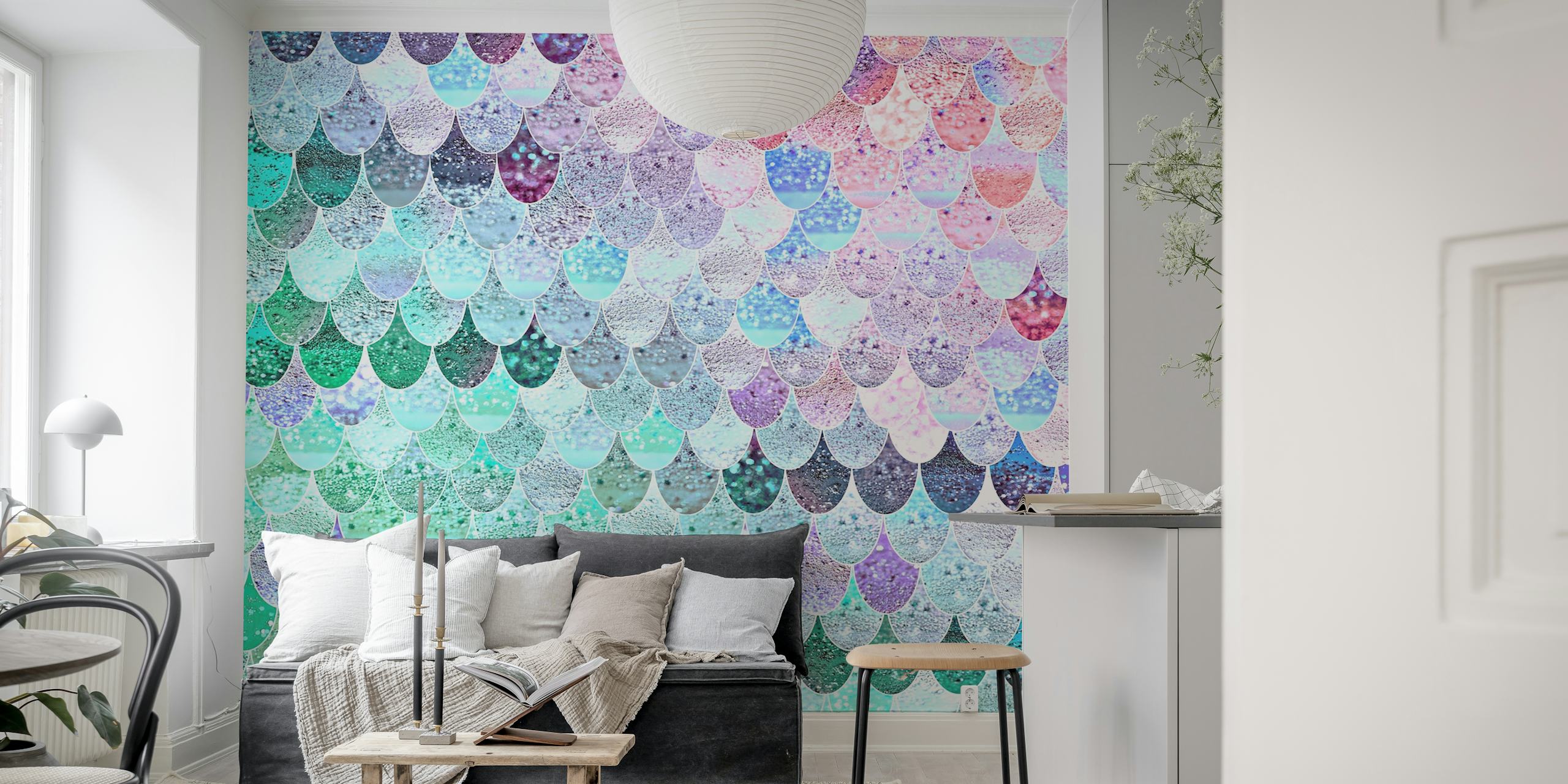 Colorful mermaid scale pattern in shades of blue, pink, and green wallpaper