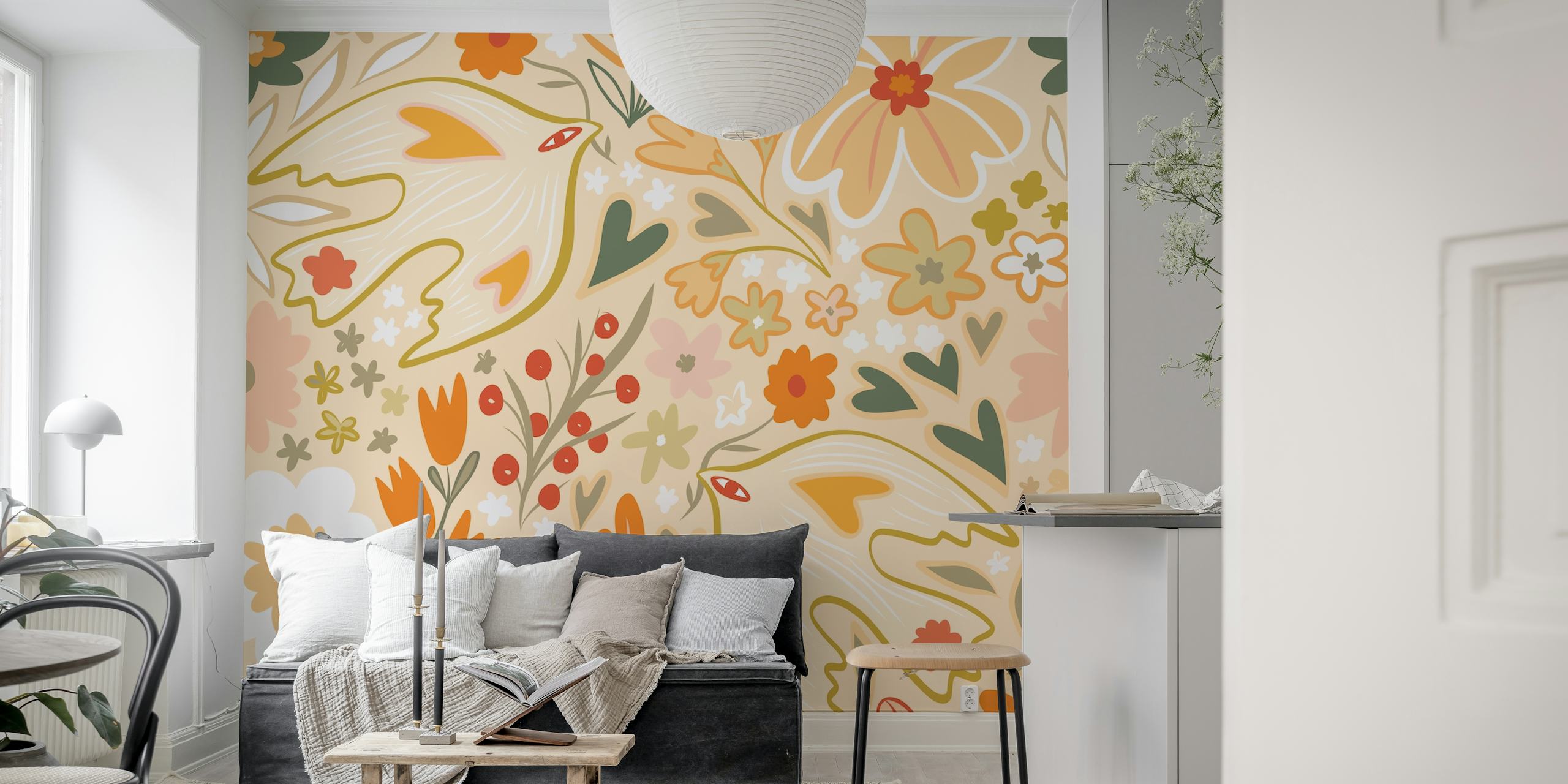 Retro Boho Love Bird Garden wallpaper in a room