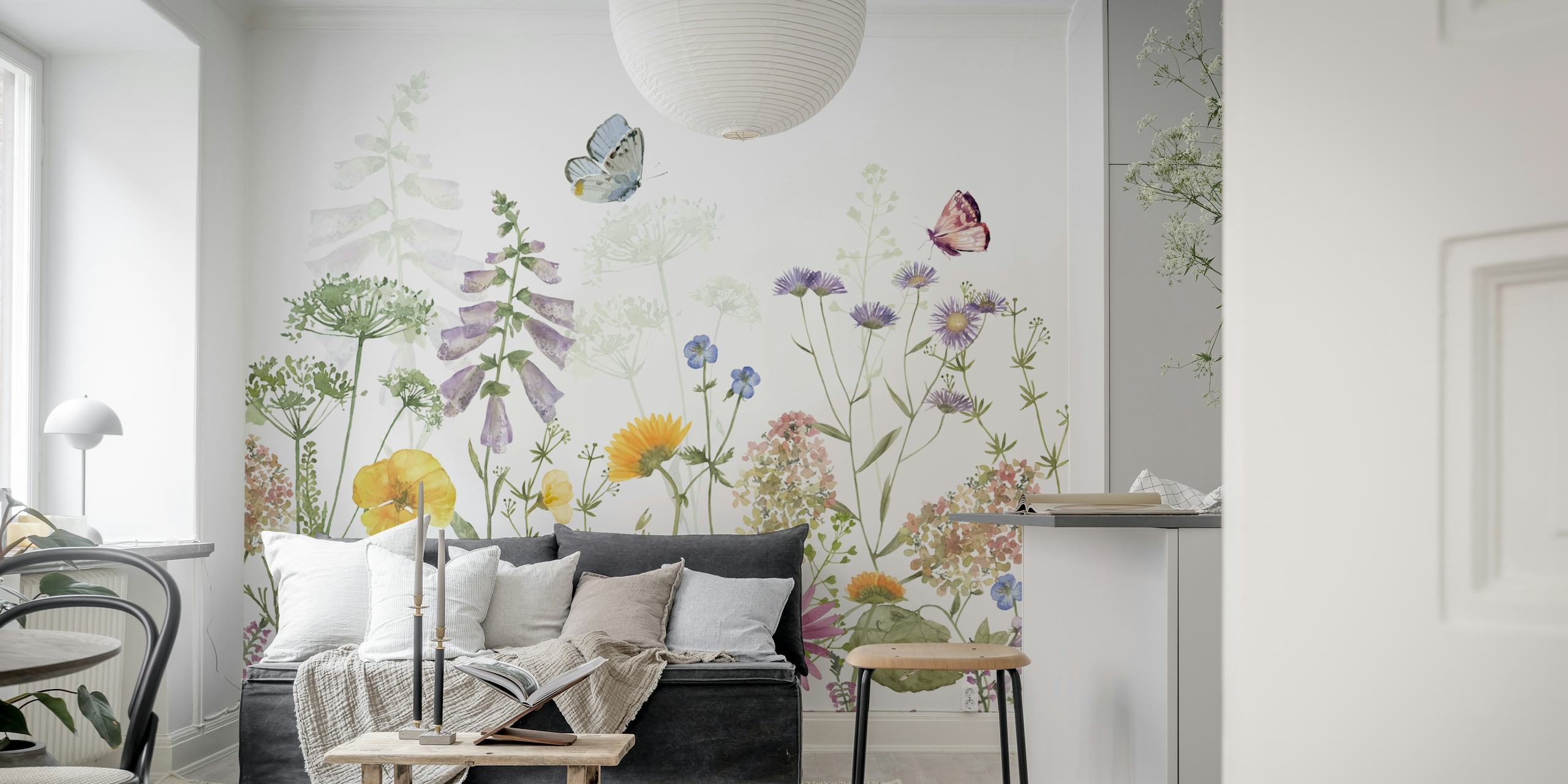 Bunte Blumenwiese mit verschiedenen Wildblumen und Schmetterlingen, watercolor Stil Wallpaper