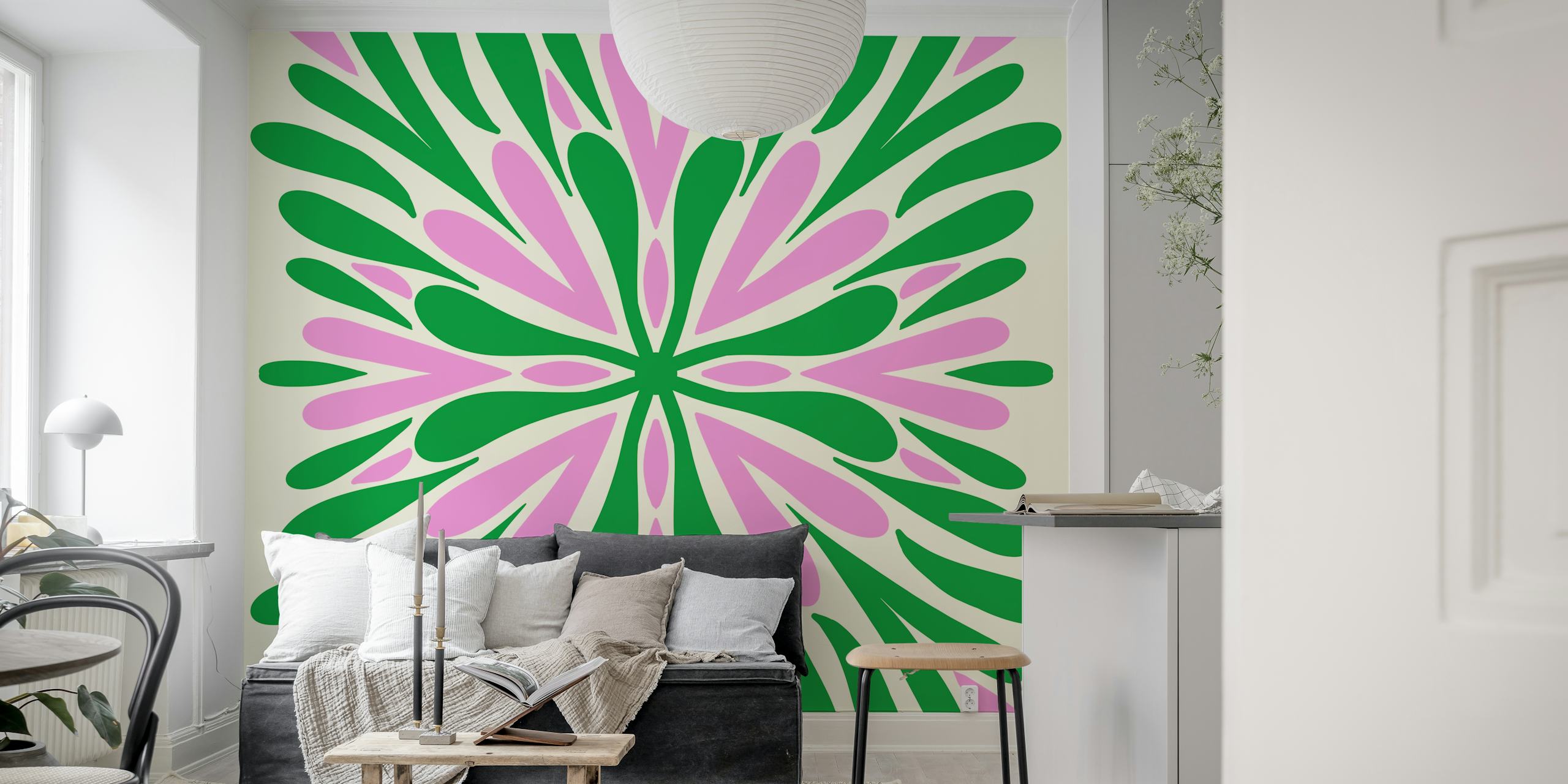 Floral design with pink and green petals wallpaper