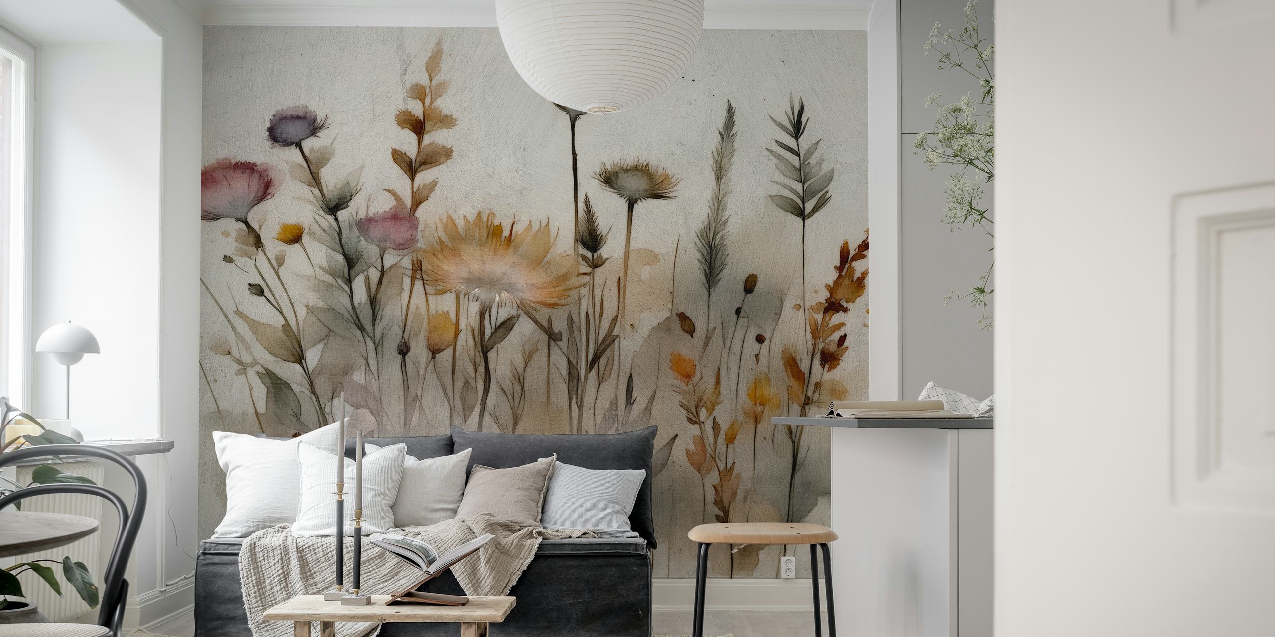 Flores silvestres silenciadas em tons suaves de bege, roxo e marrom pintadas em um mural de parede com fundo esbranquiçado