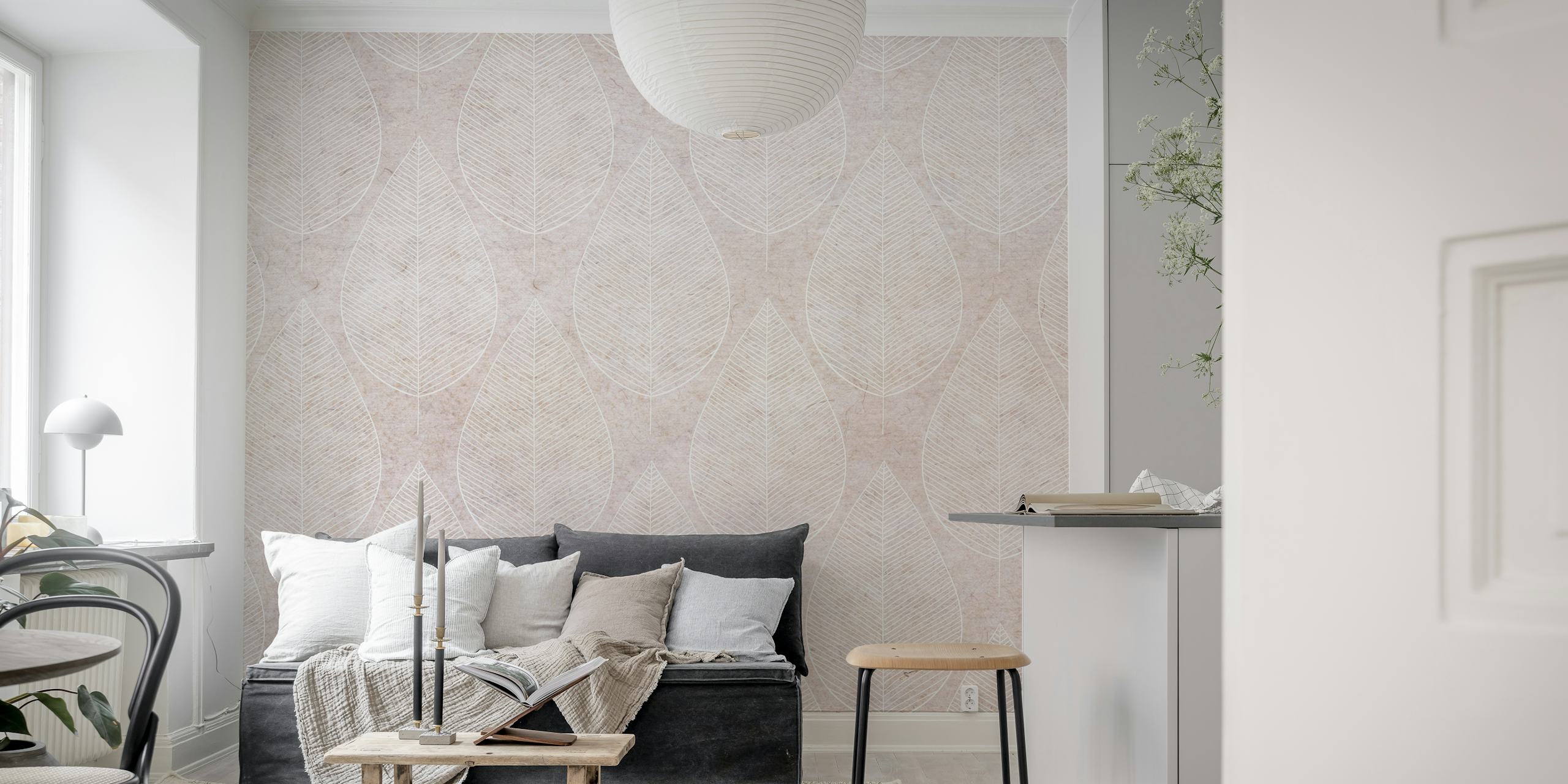 Minimalist leaf pattern in white and beige wallpaper