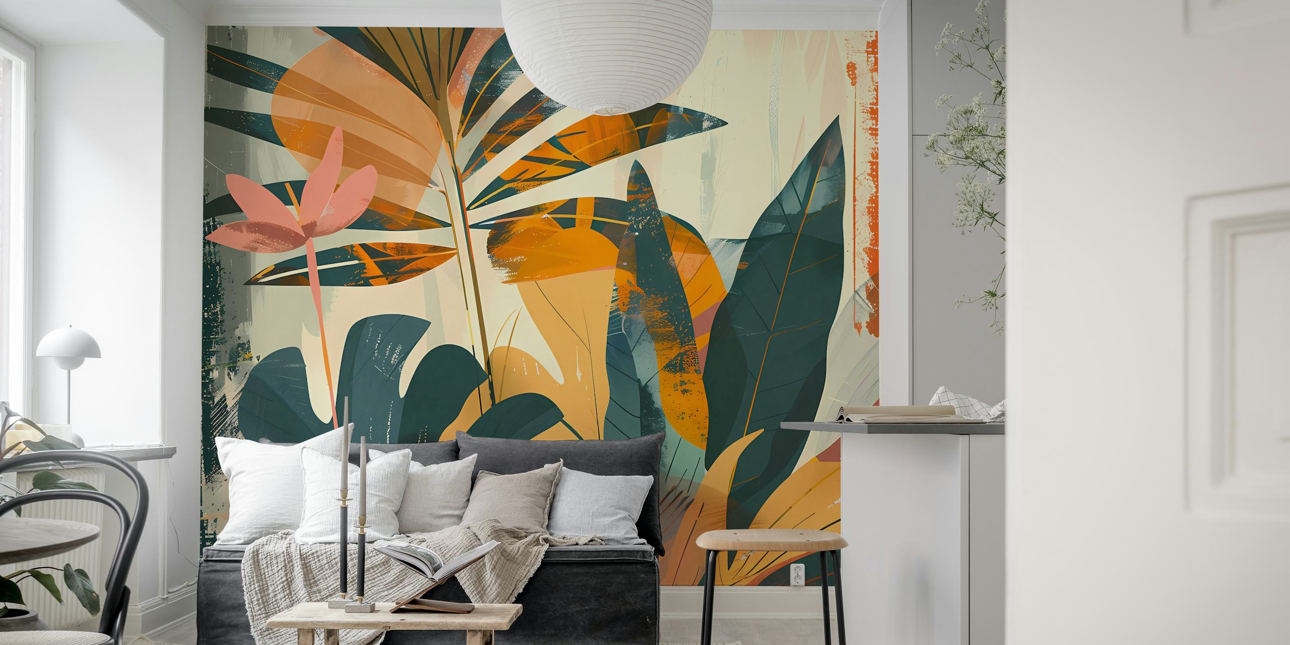 Barevná abstraktní nástěnná malba tropické zahrady s živými botanickými prvky