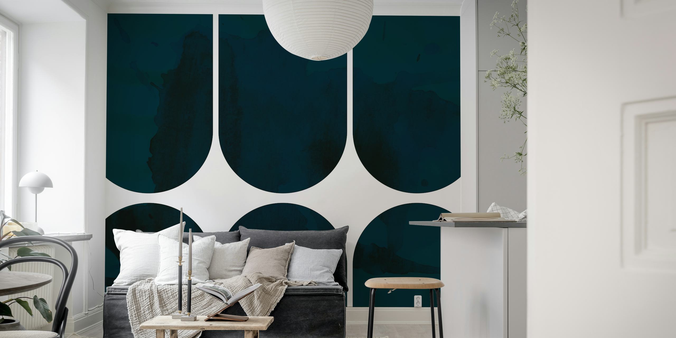 Geometric blue and white pattern wallpaper in arches style