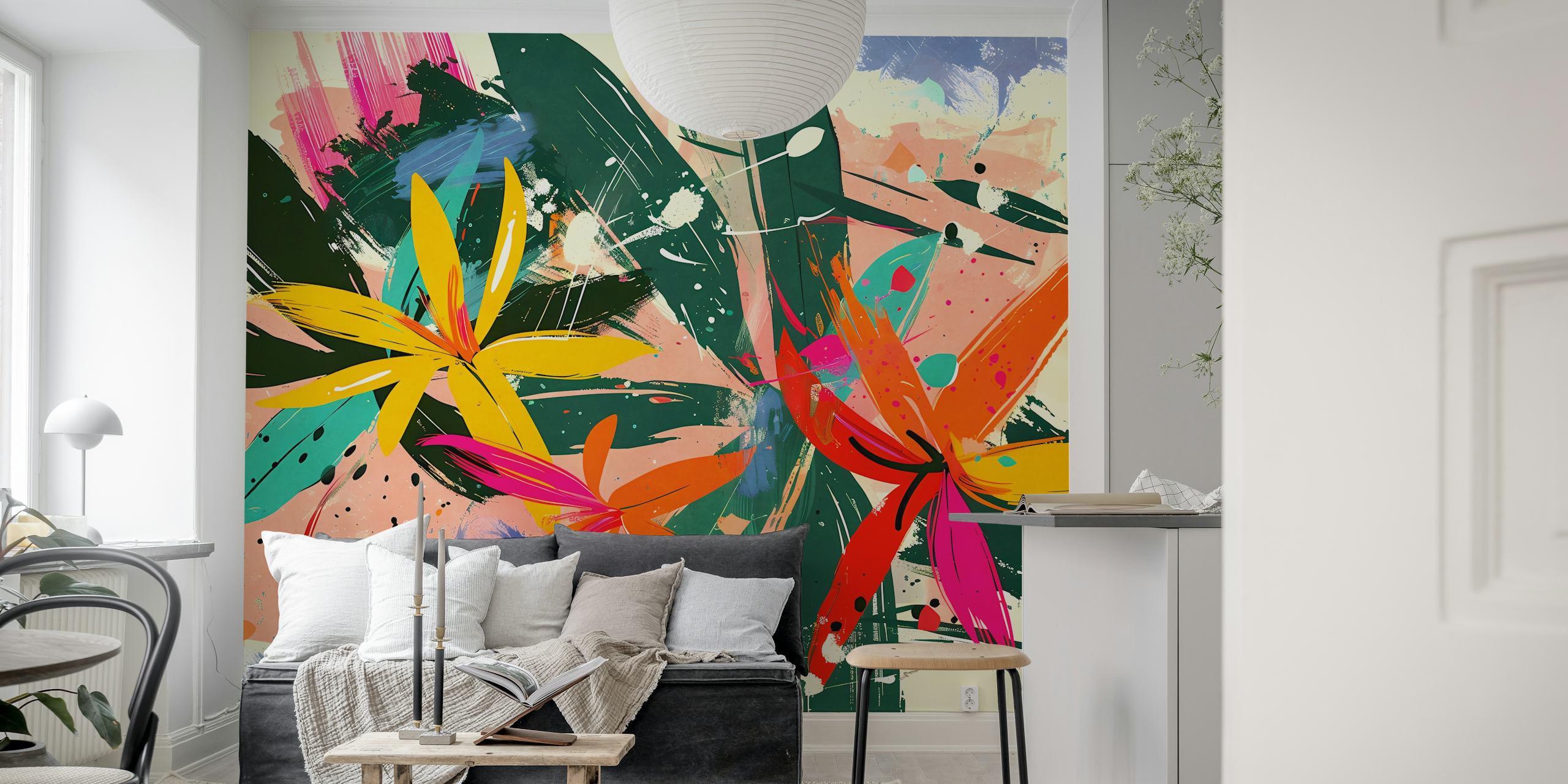 Tropical Flowers 3 Tapete in einem stilvollen Interieur