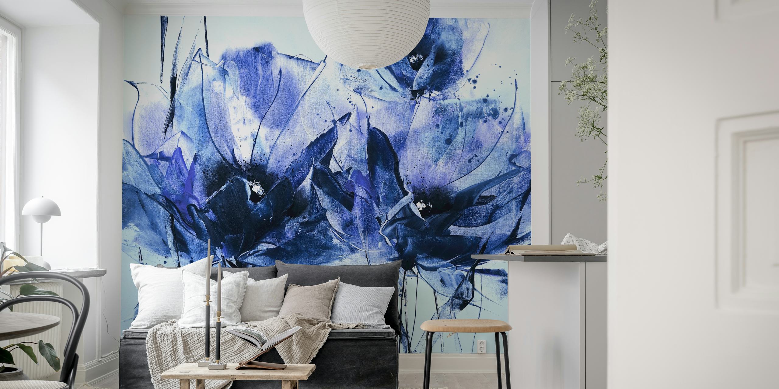 Blue floral abstract wallpaper in a room
