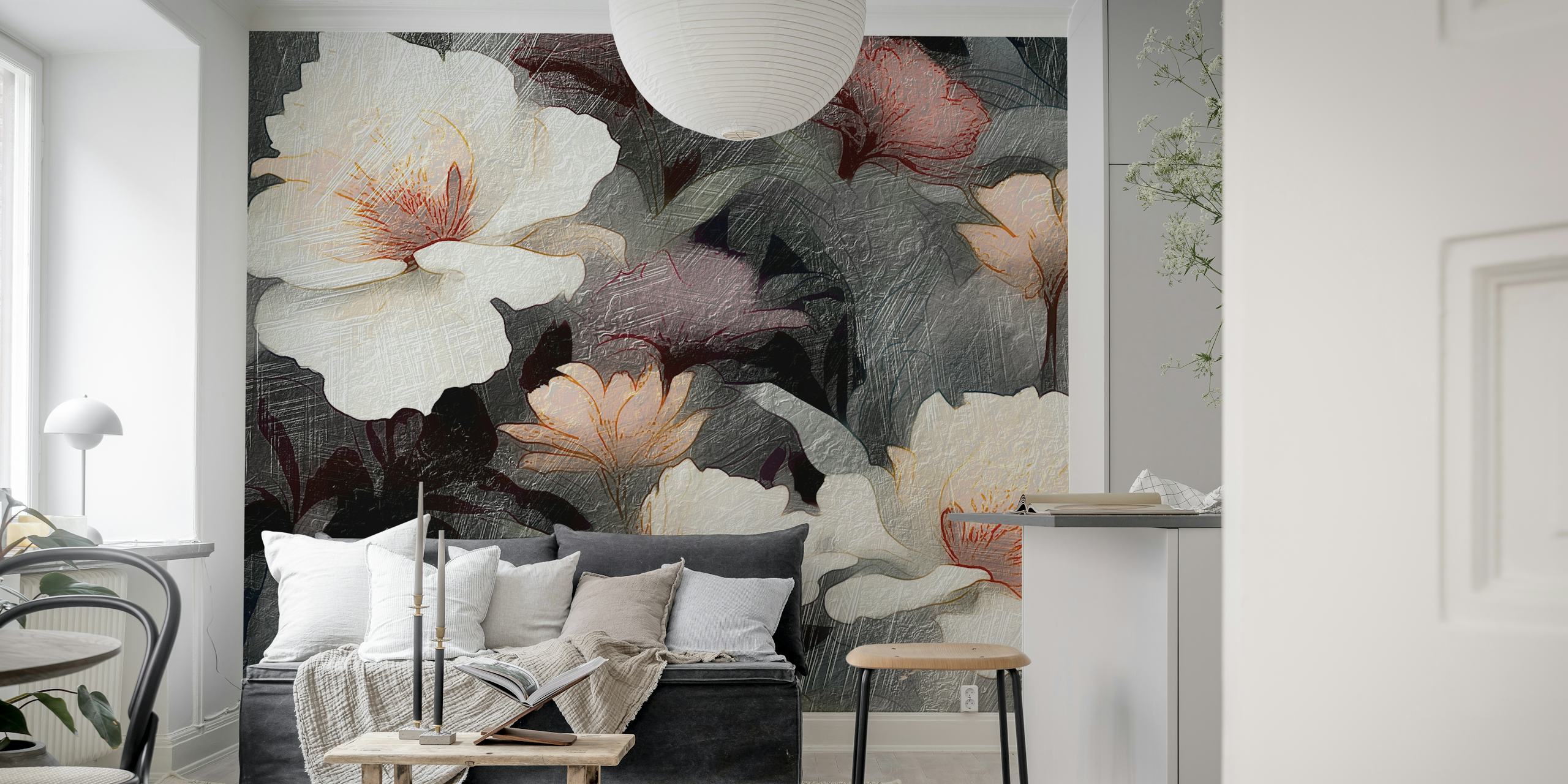 White flowers on dark textured background wallpaper