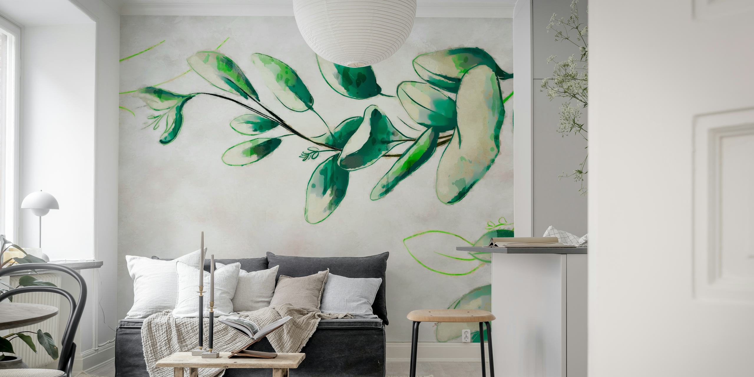 Painted leaves wallpaper in a room setting