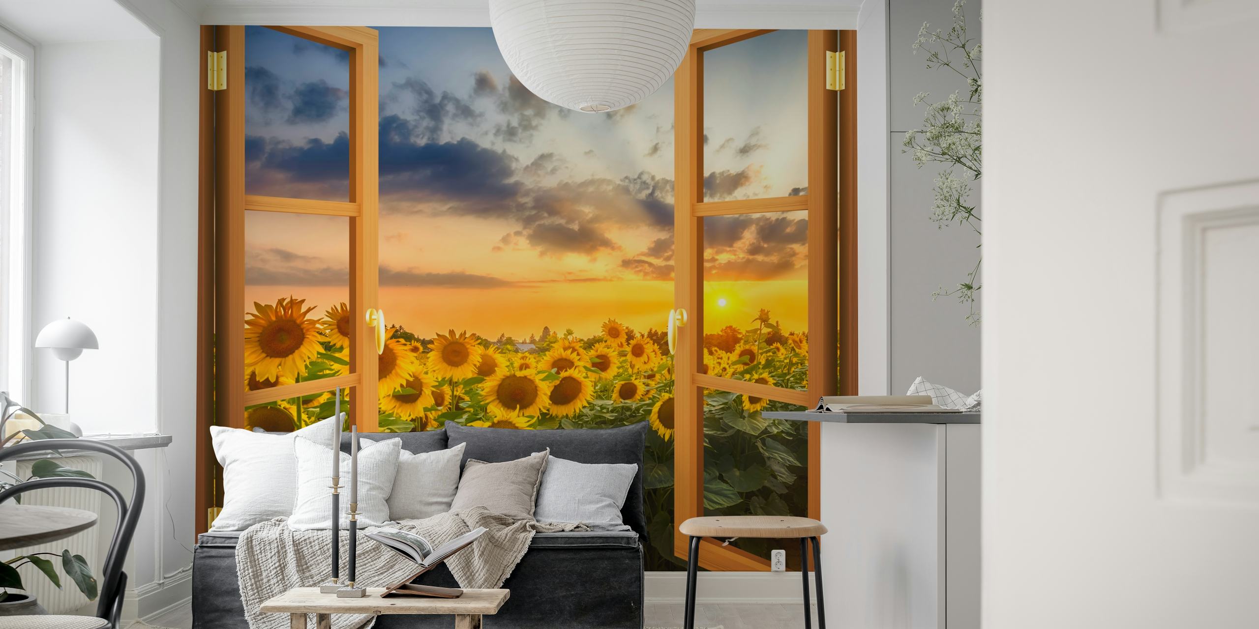 Sunflower wallpaper in room setting