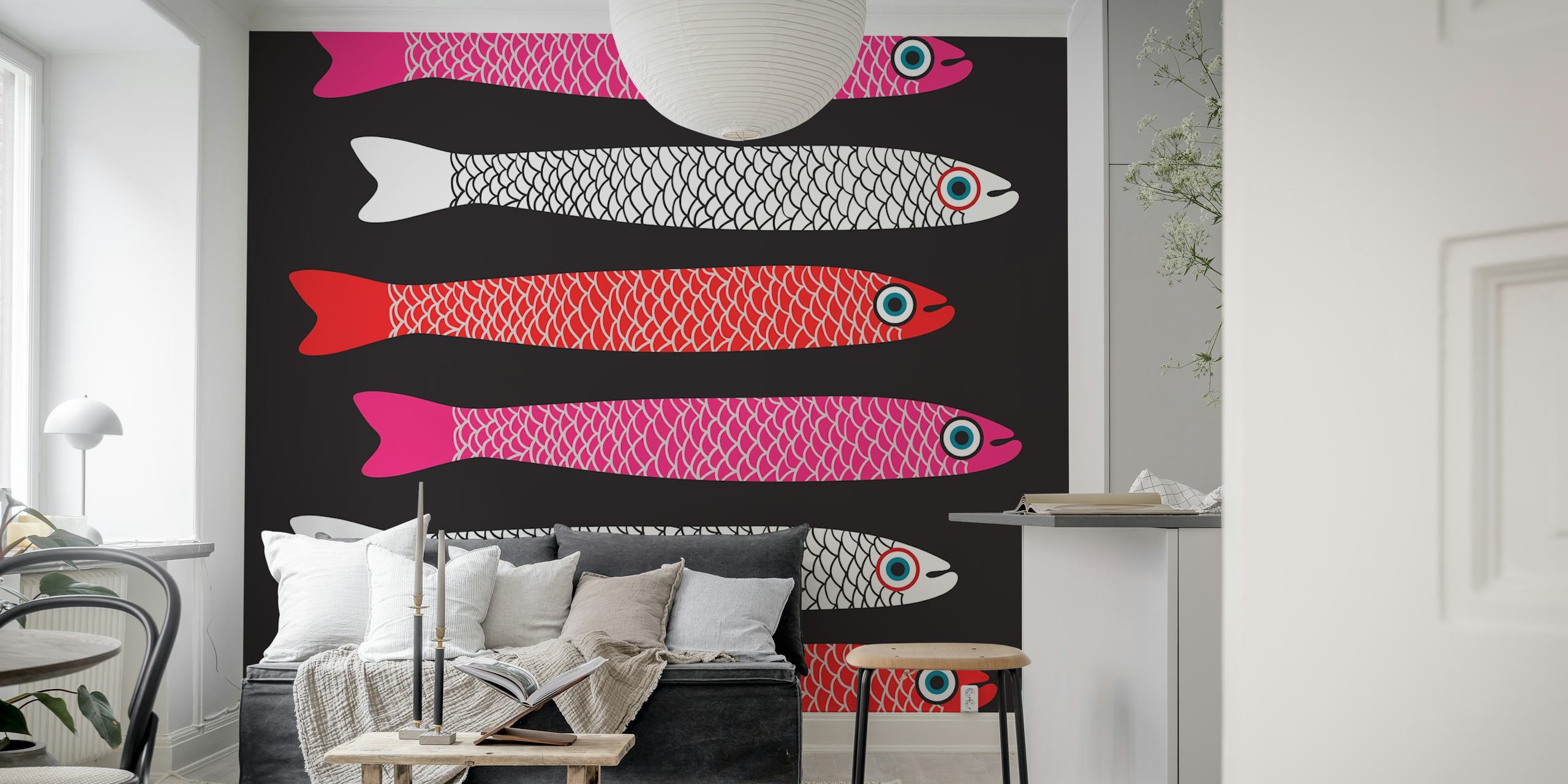 Colorful retro fish pattern in pink, red, and white on black background wallpaper