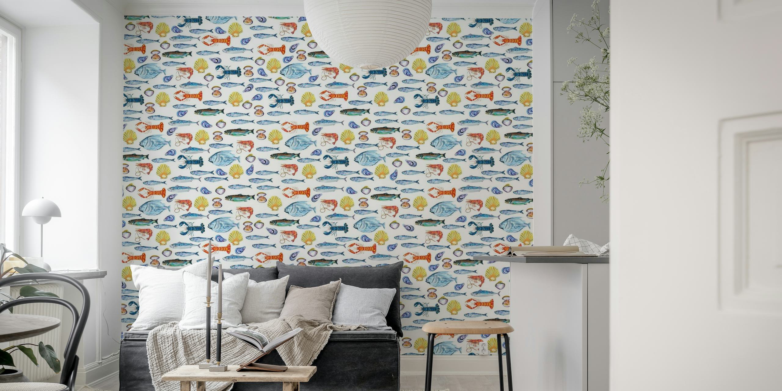 Shimmering Ocean Fish Scene on White wallpaper