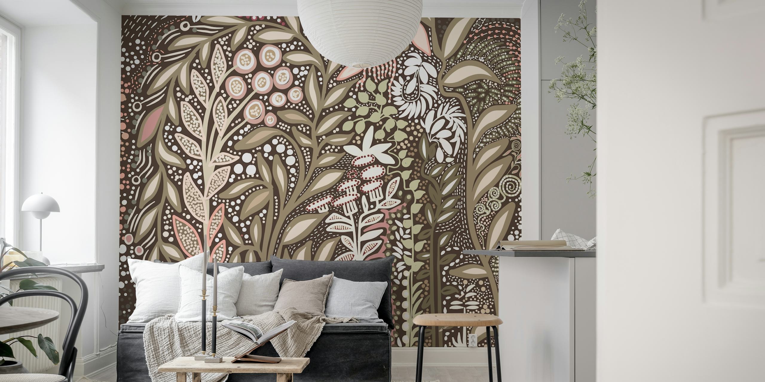 Floral patterns in earthy tones on brown background wallpaper