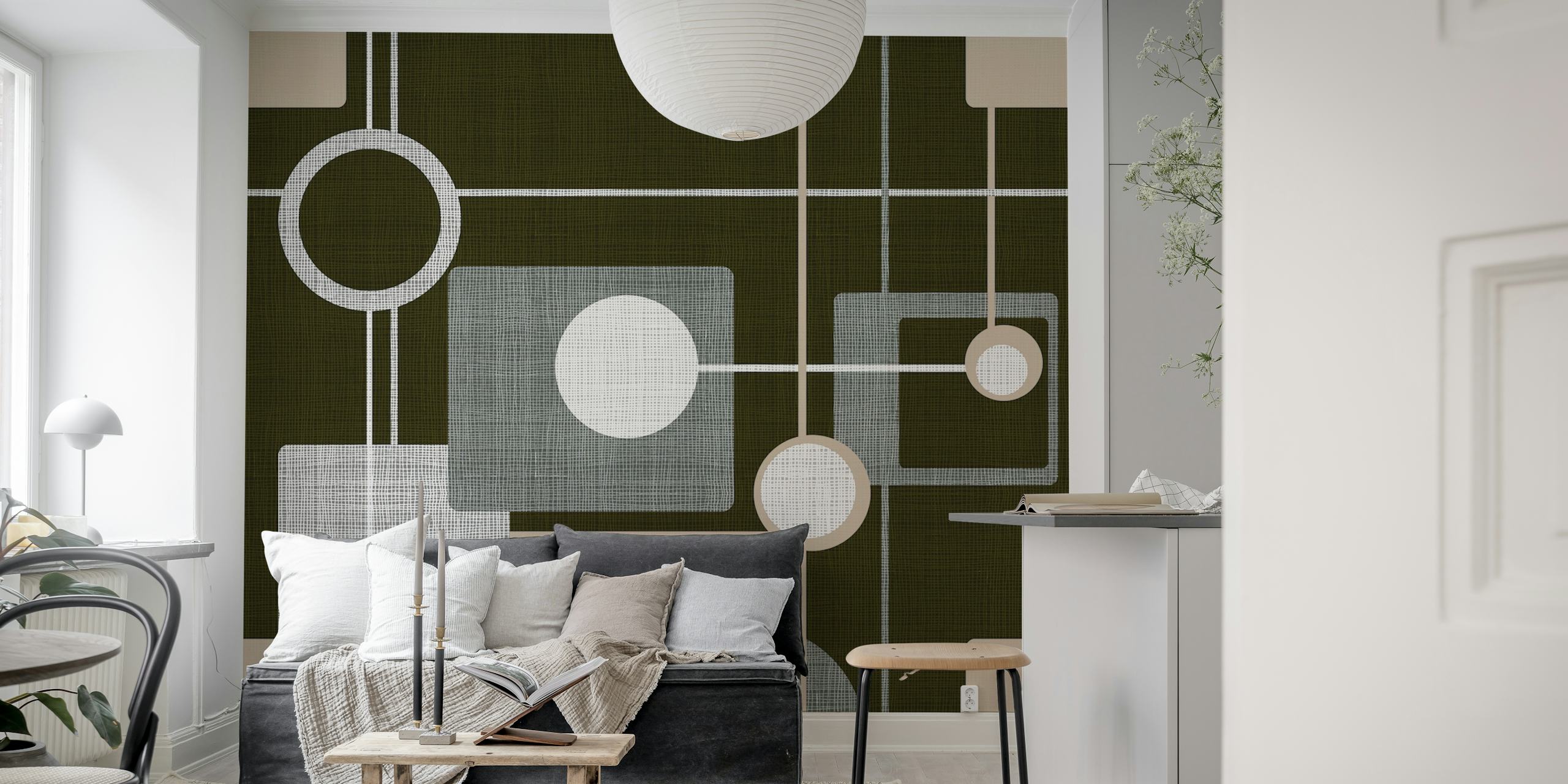 Geometric Orbs and Squares Beige wallpaper in a room