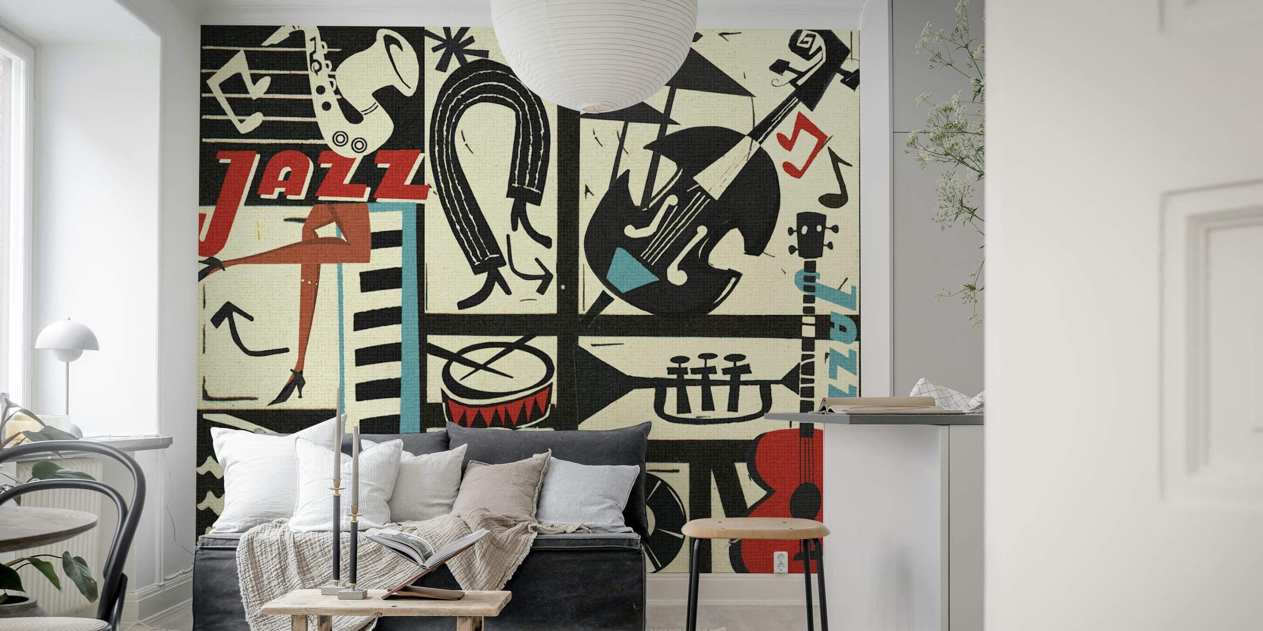 Musical instruments and notes in black and white wallpaper