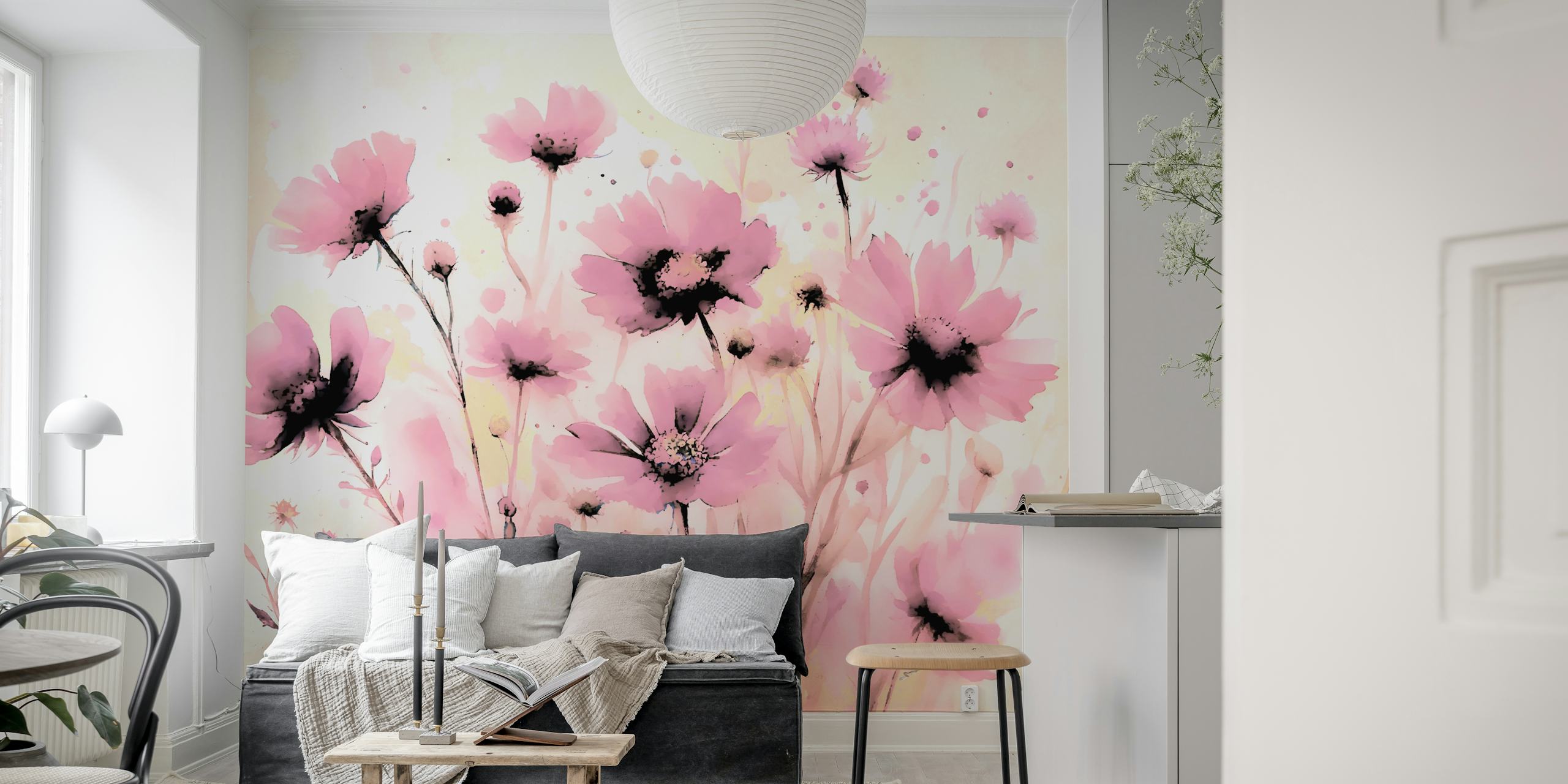 Soft pink flowers with black details on beige background wallpaper