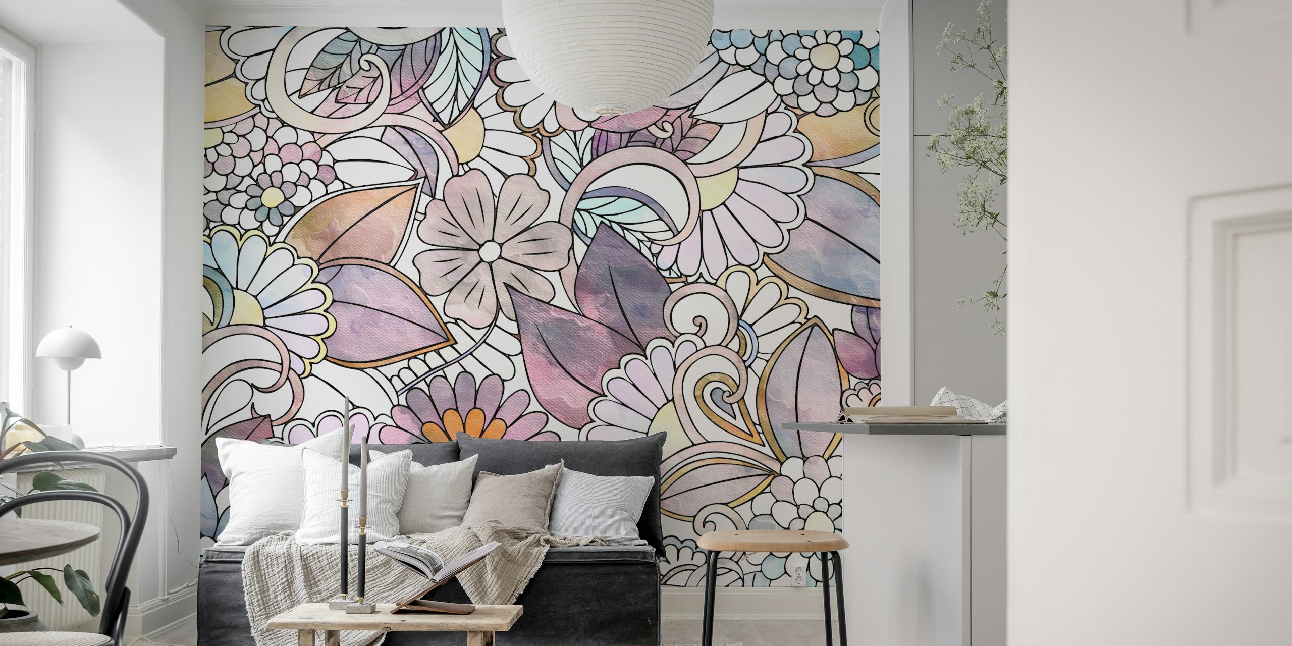 Elegant soft floral pattern wall mural with pastel colors and vintage feel