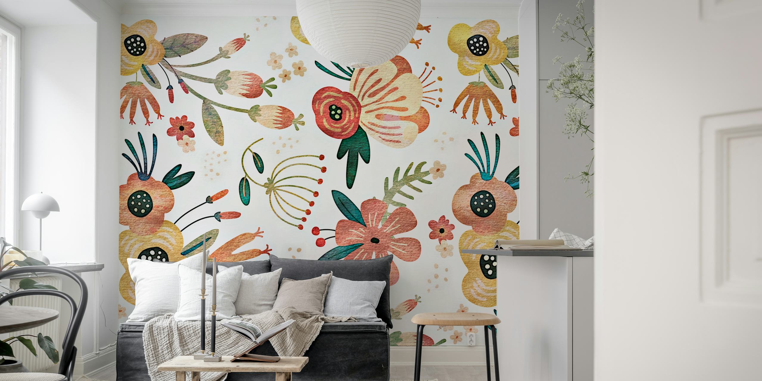 Rustic Floral Watercolor wall mural with soft pastel flowers