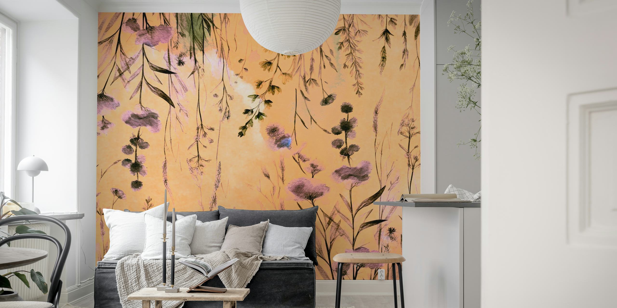 Antique Rustic Hanging Flower Meadow wall mural with a warm vintage background and delicate floral design
