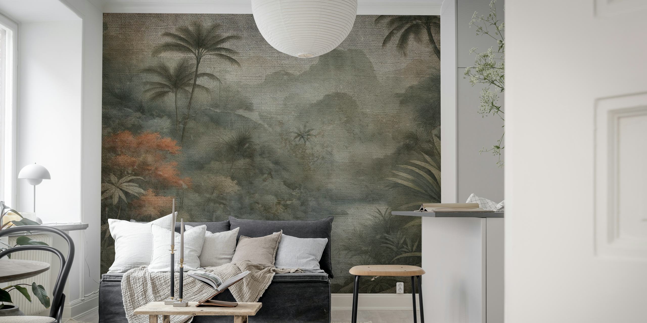 Tropical rainforest scene with greenery and misty mountains wallpaper