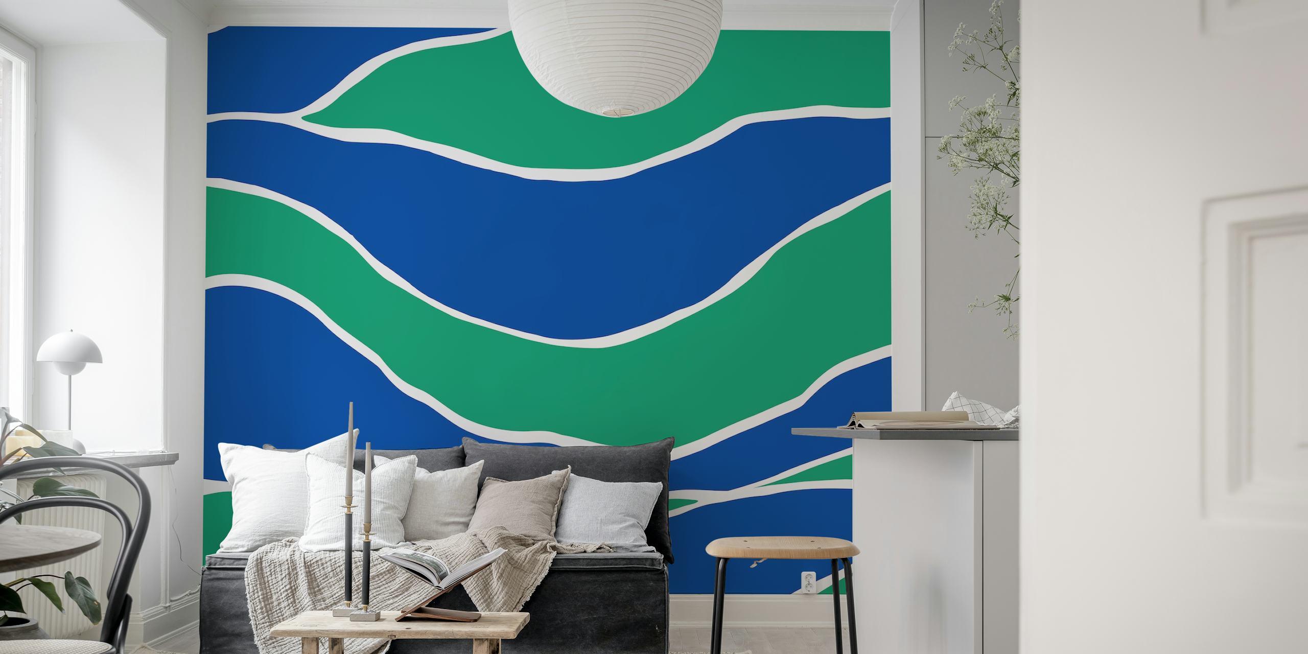 Cobalt Blue Green abstract hand-drawn lines wall mural
