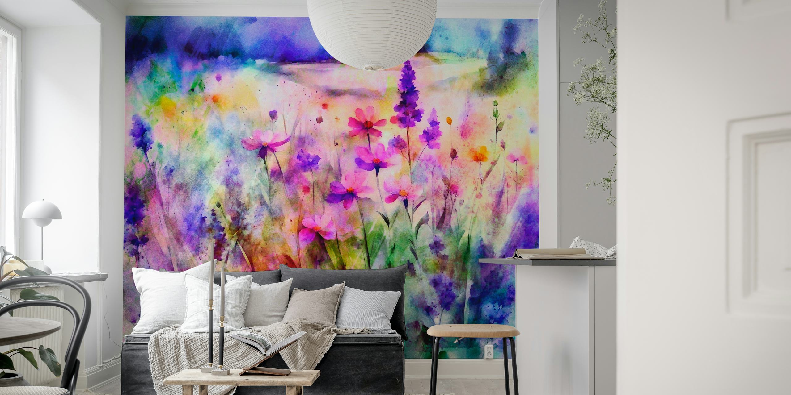 Färgglad akvarell tapet av ett drömskt blomsterlandskap