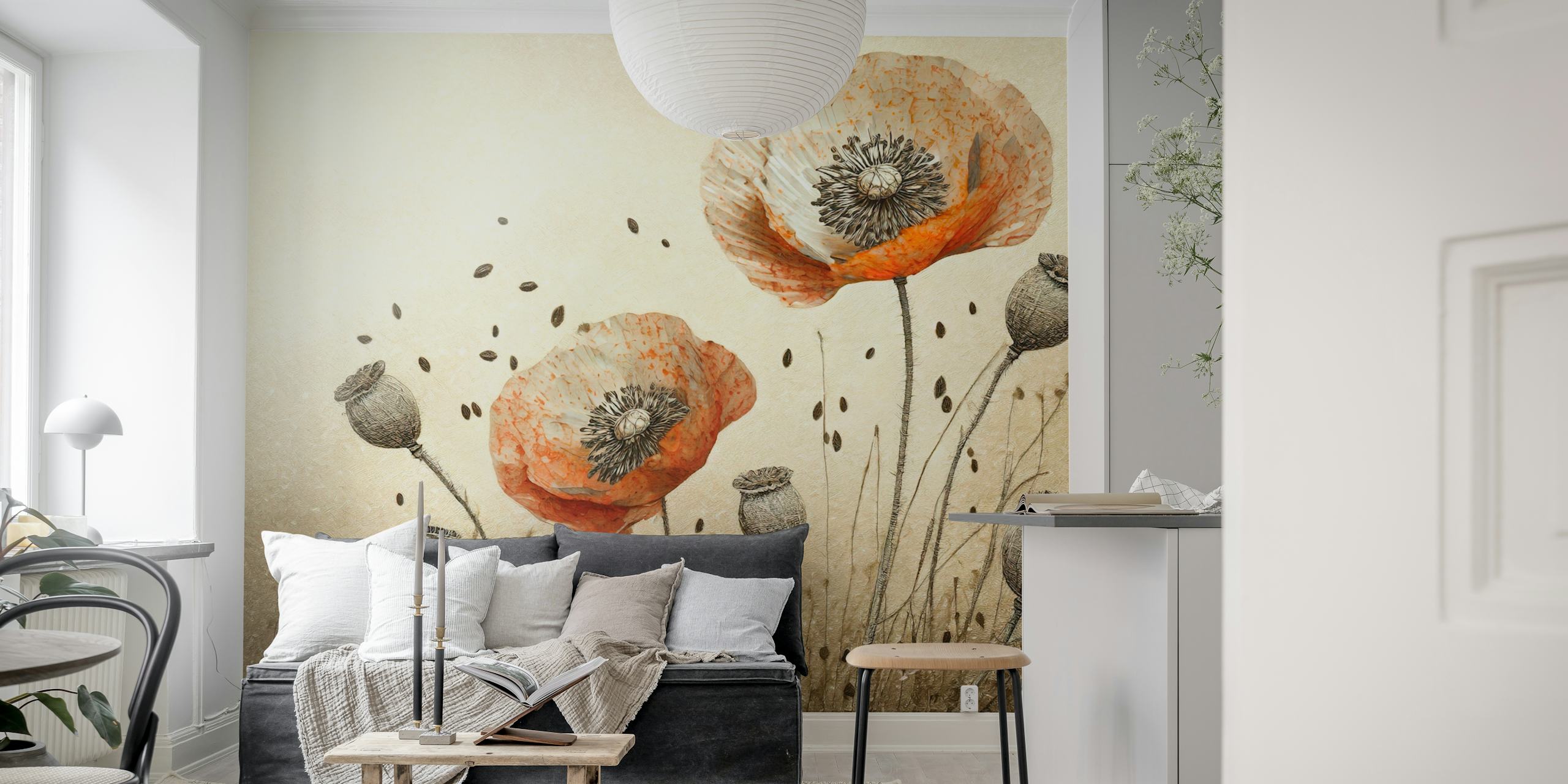 Mohnblumen in sanften Farben, botanische Tapete
