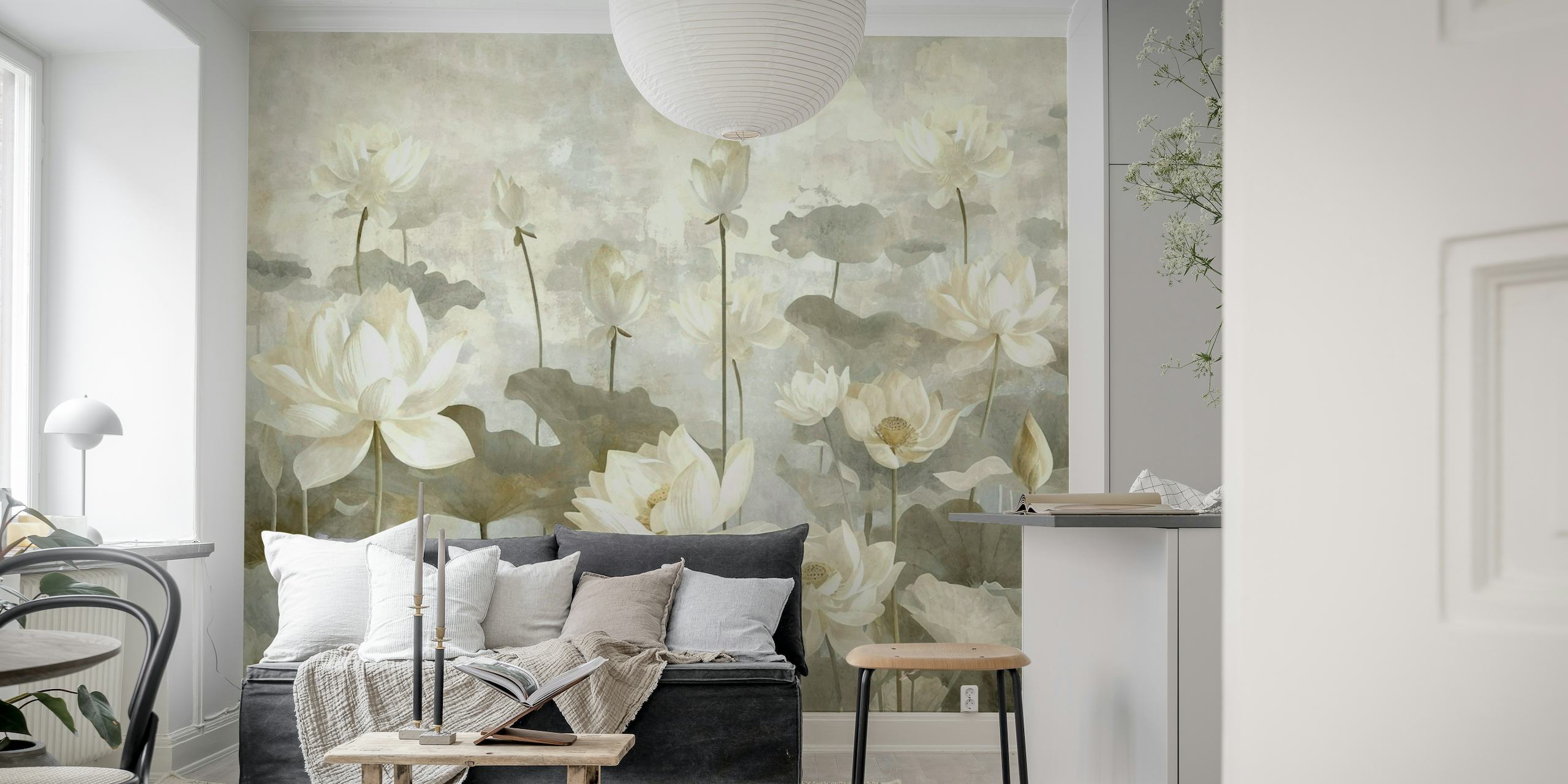 Mural de pared con flores blancas de acuarela pintadas a mano sobre un fondo neutro