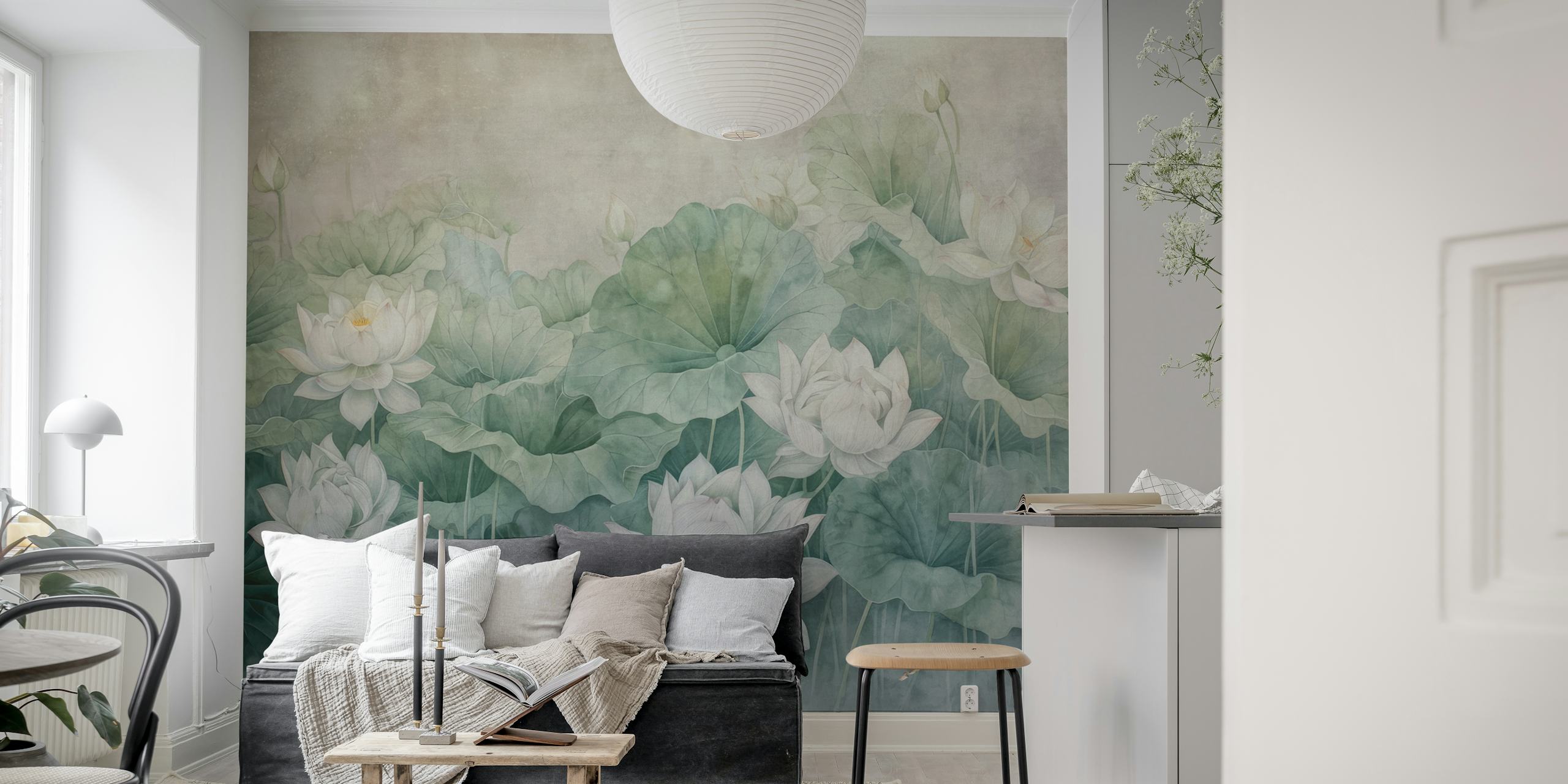 Emerald waterlily wallpaper in a room setting