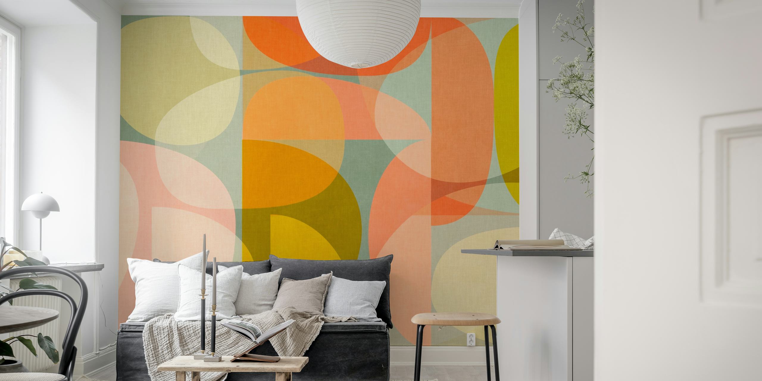Abstract semi-circles wall mural in warm and neutral tones