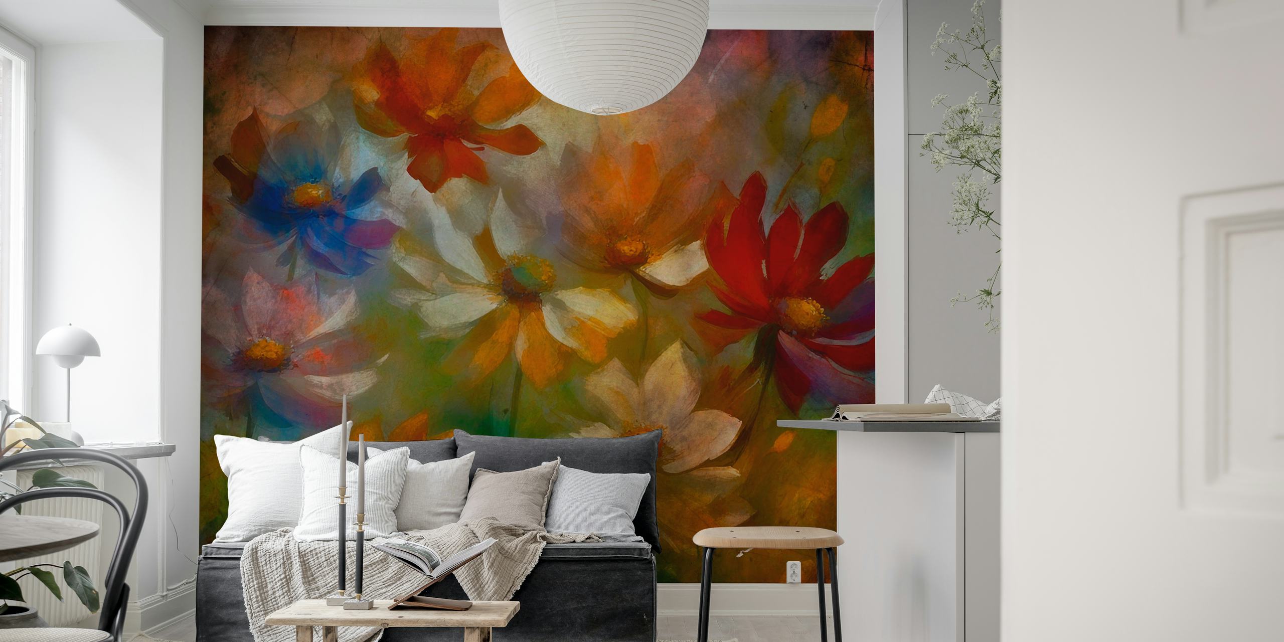 Colorful flowers in shades of red, blue, orange, and white on a textured background wallpaper