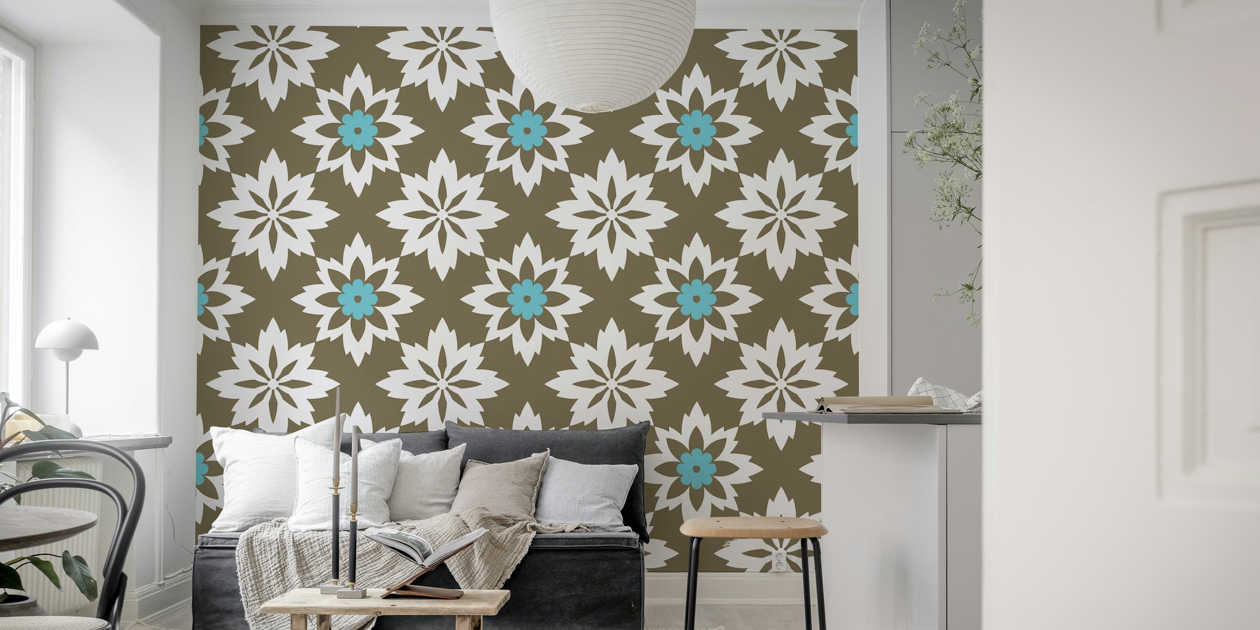 Moorish-inspired floral ornament wall mural in brown and teal blue