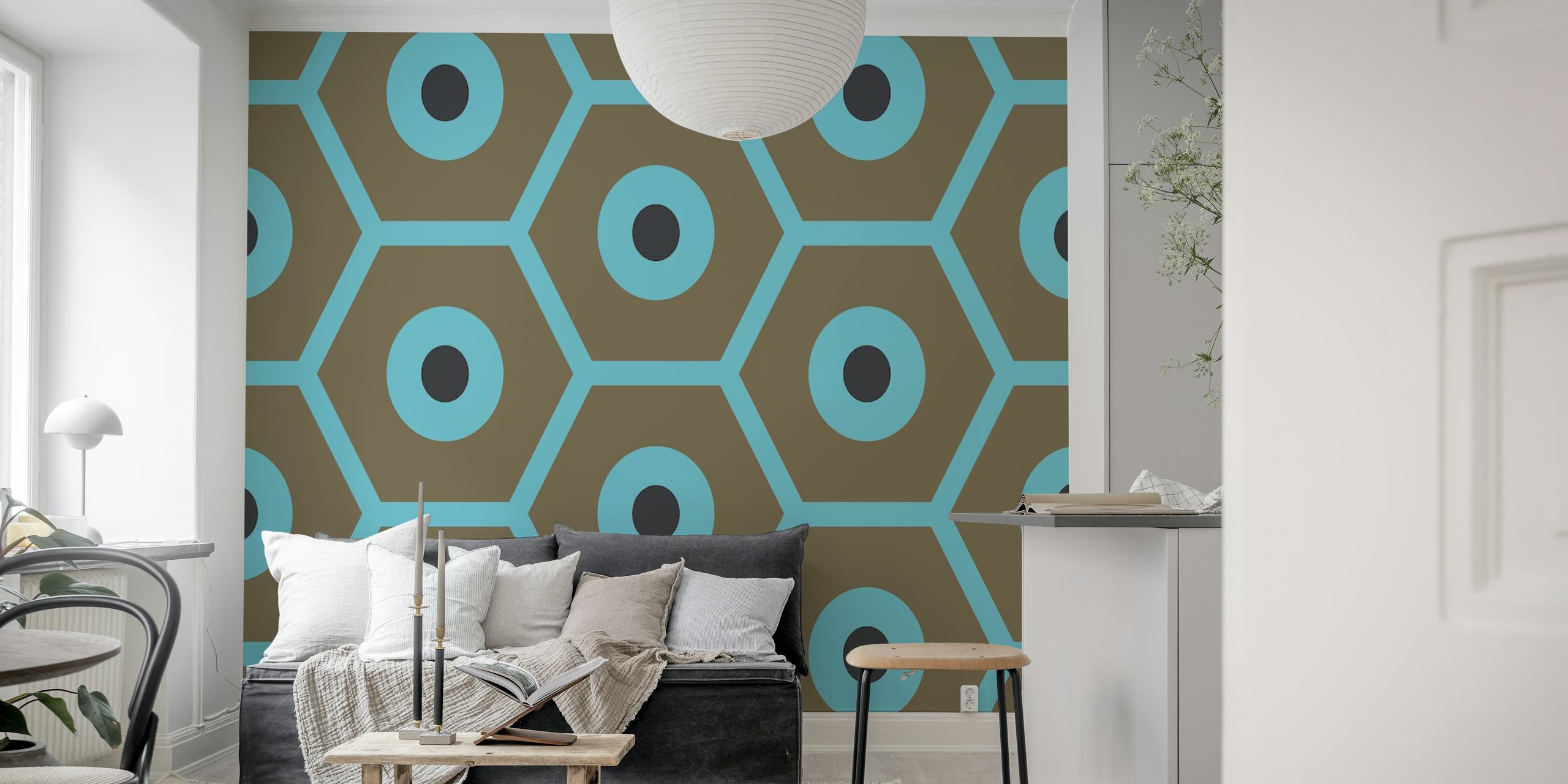 Mocha Beehive Turquoise Cells Tapete in einem Zimmer