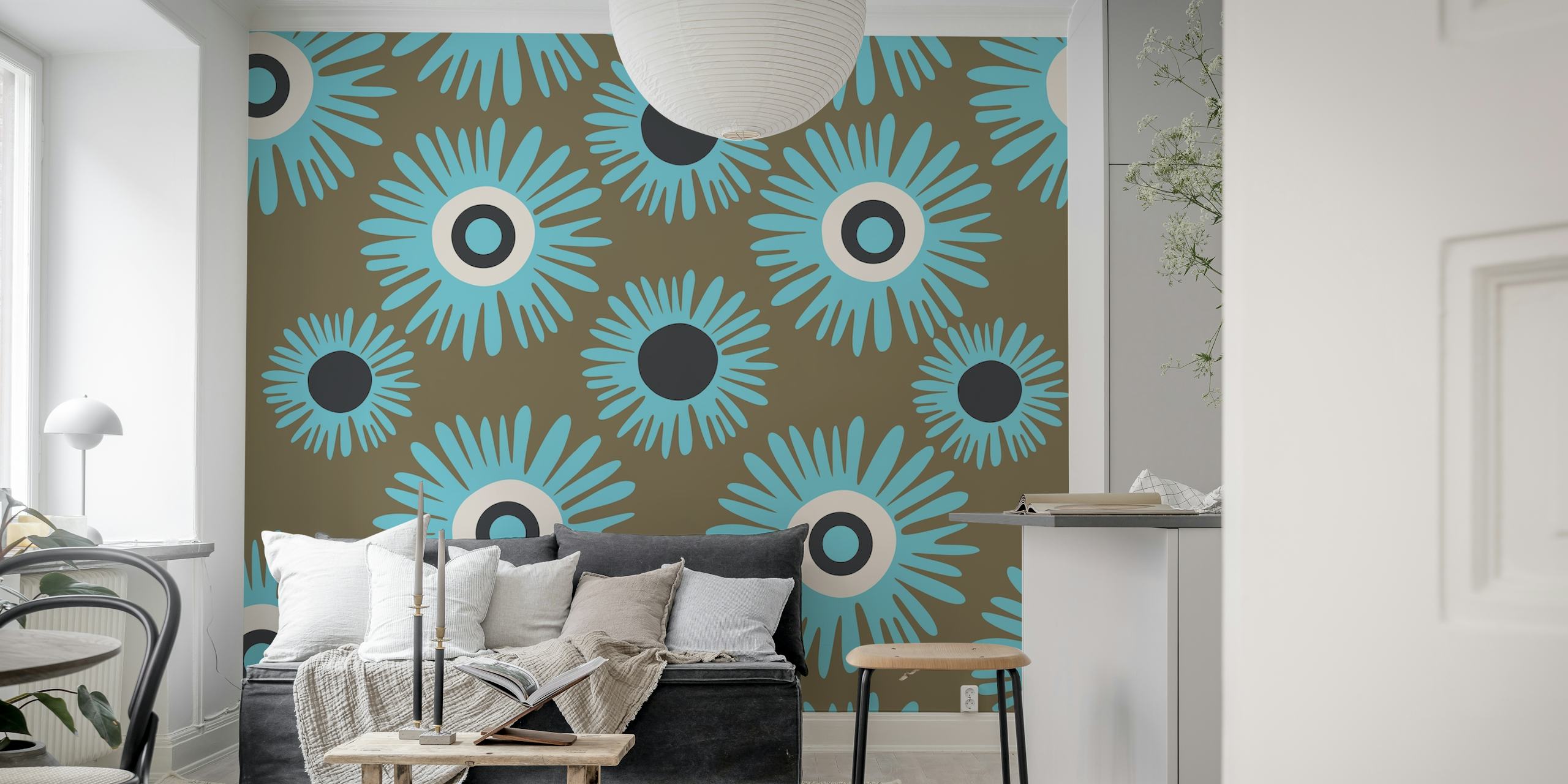 Jumbo aqua blue flower pattern on brown background wallpaper