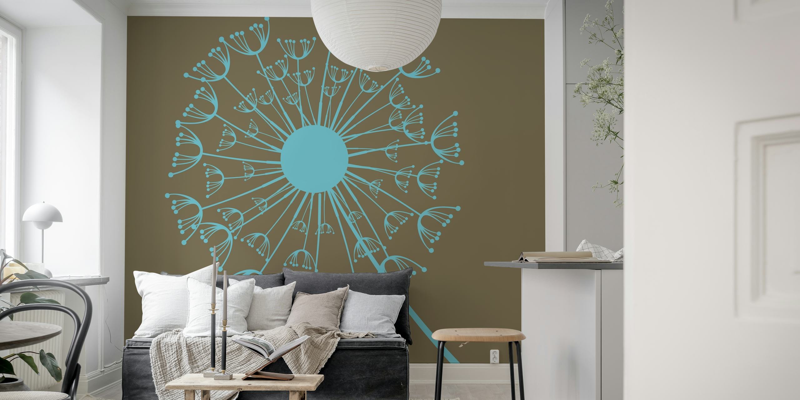 Cyan dandelion flower pattern on coffee brown wallpaper