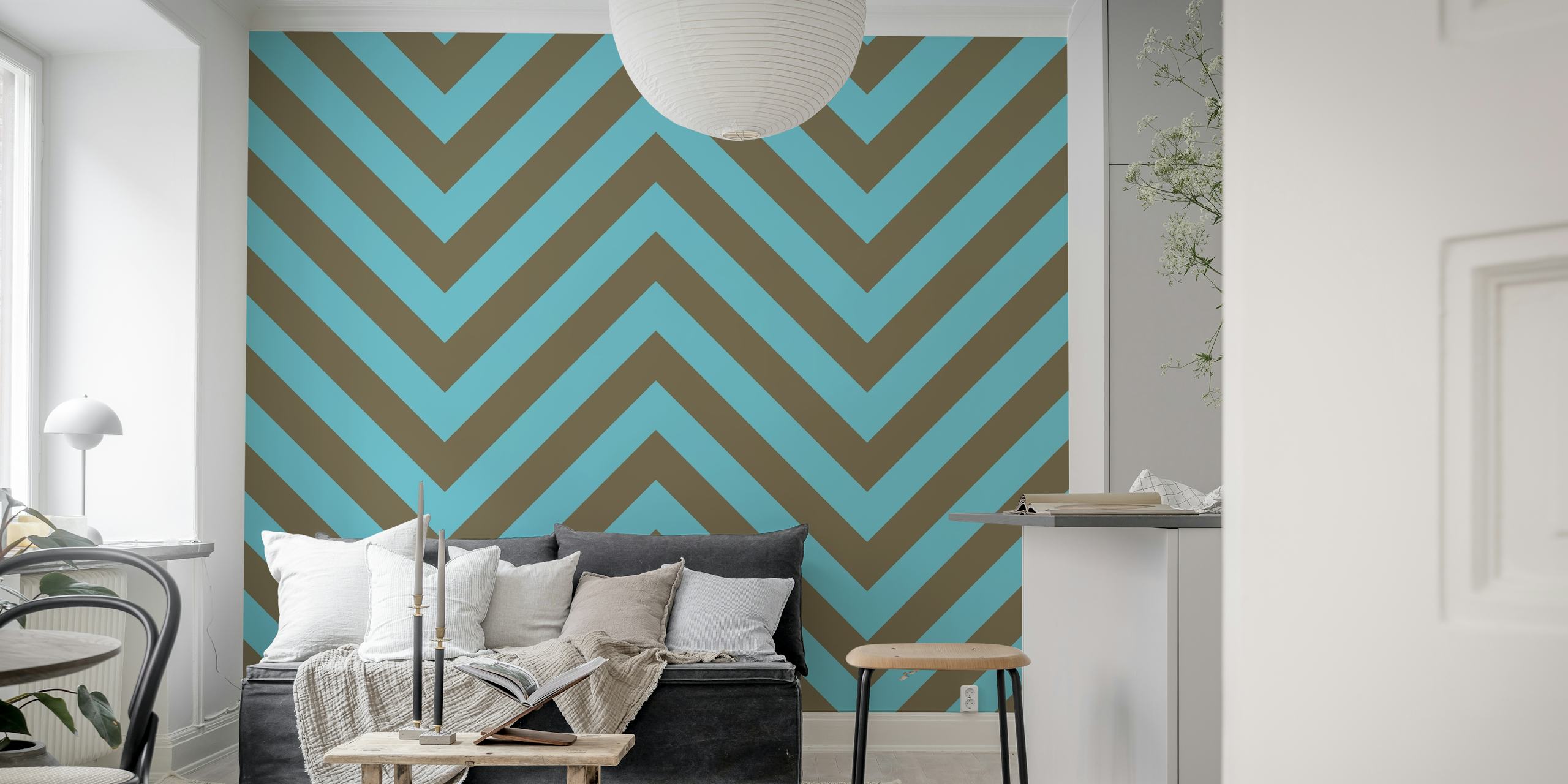Chevron pattern wallpaper in teal blue e beige brown